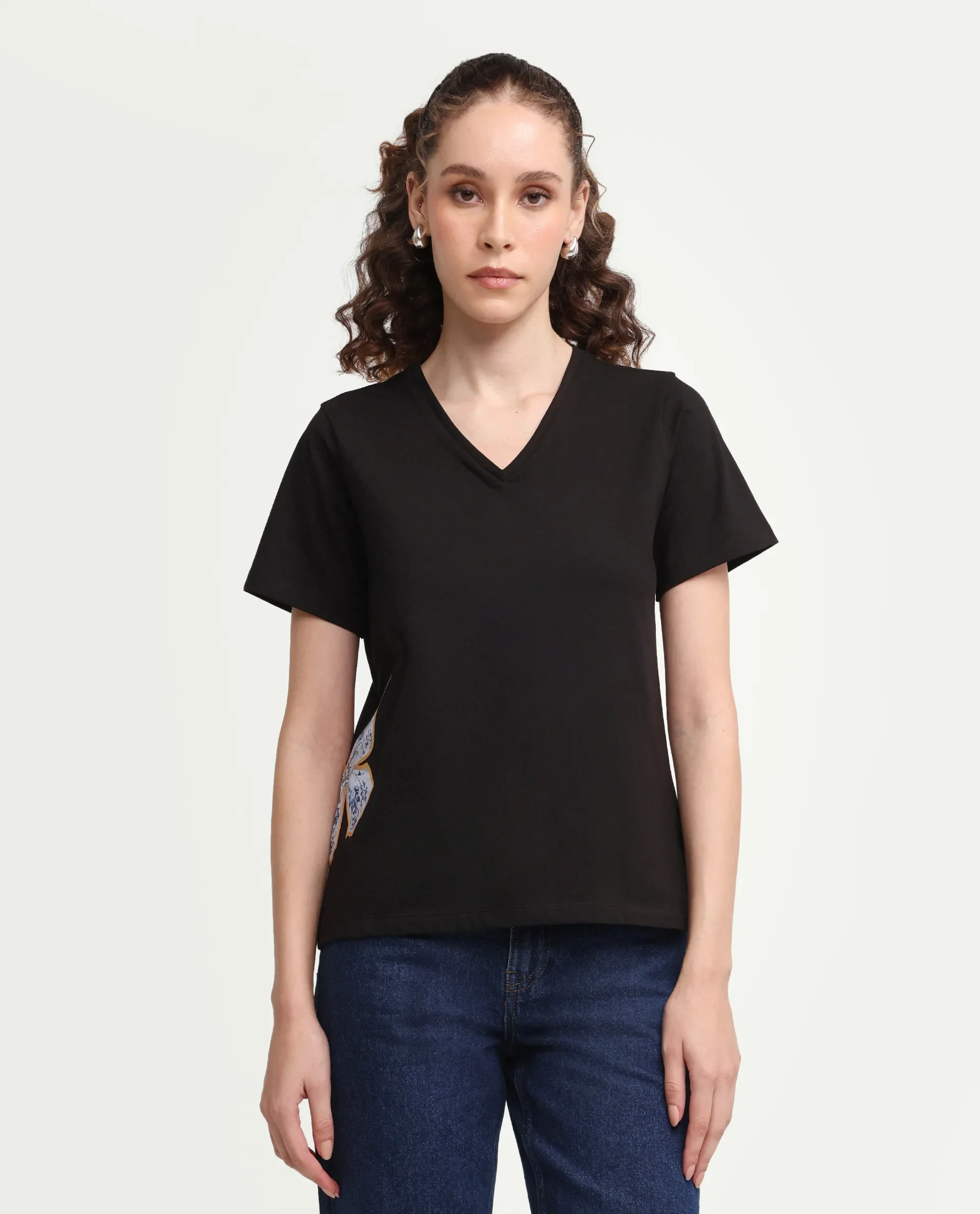 Rareism Women's Zyler Black Cotton Blend Half Sleeve Relaxed Fit Embroidery T-Shirt - Image 3