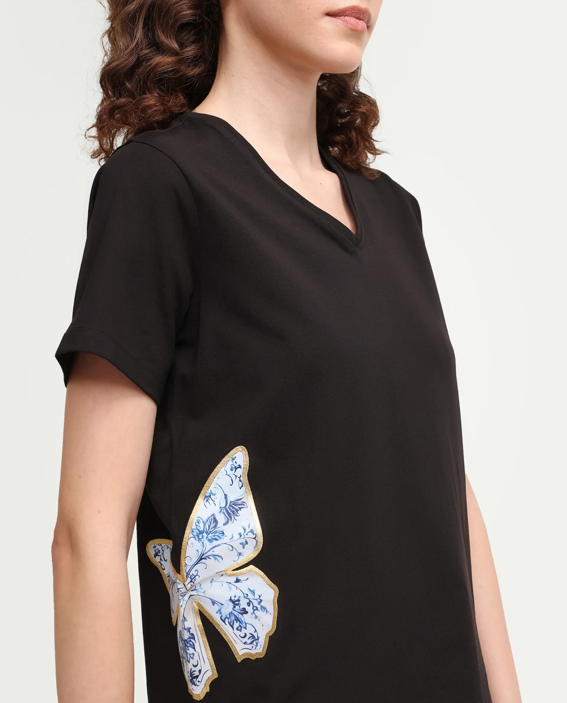 Rareism Women's Zyler Black Cotton Blend Half Sleeve Relaxed Fit Embroidery T-Shirt - Image 4