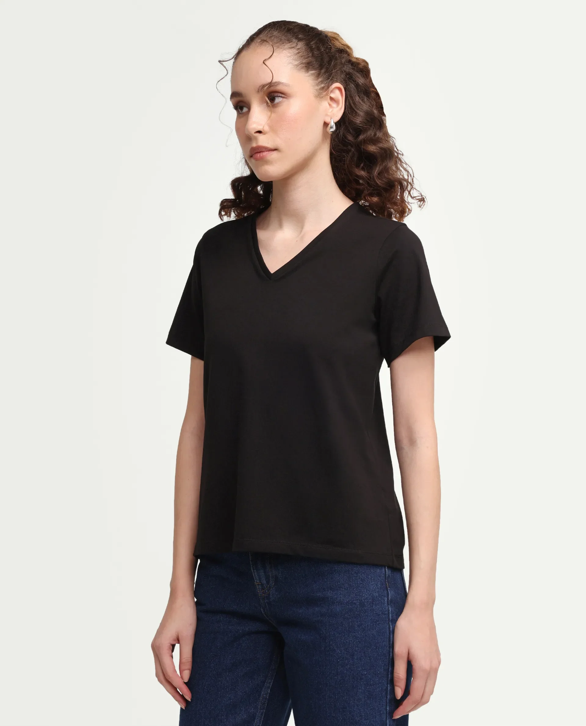 Rareism Women's Zyler Black Cotton Blend Half Sleeve Relaxed Fit Embroidery T-Shirt - Image 5