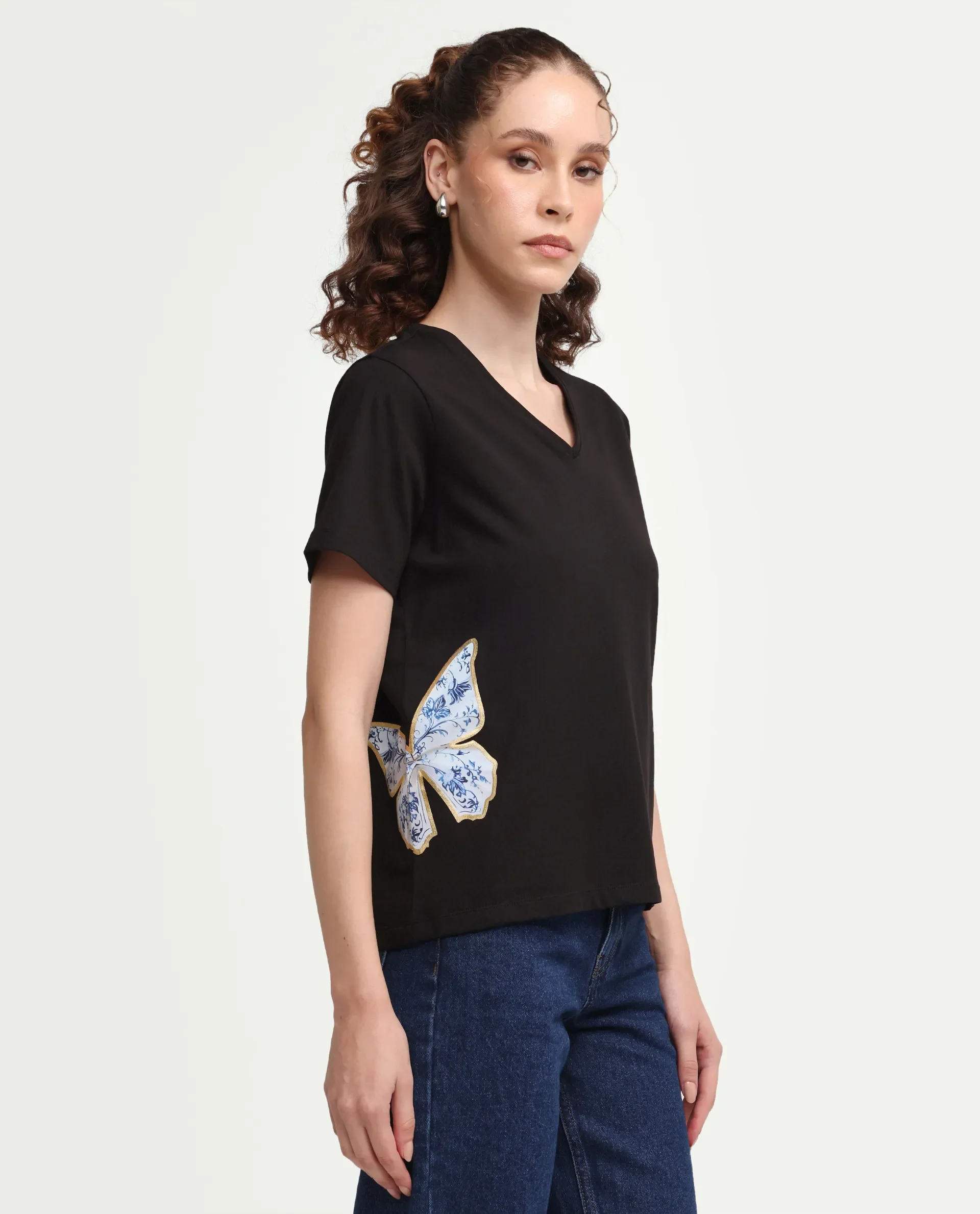 Rareism Women's Zyler Black Cotton Blend Half Sleeve Relaxed Fit Embroidery T-Shirt - Image 6