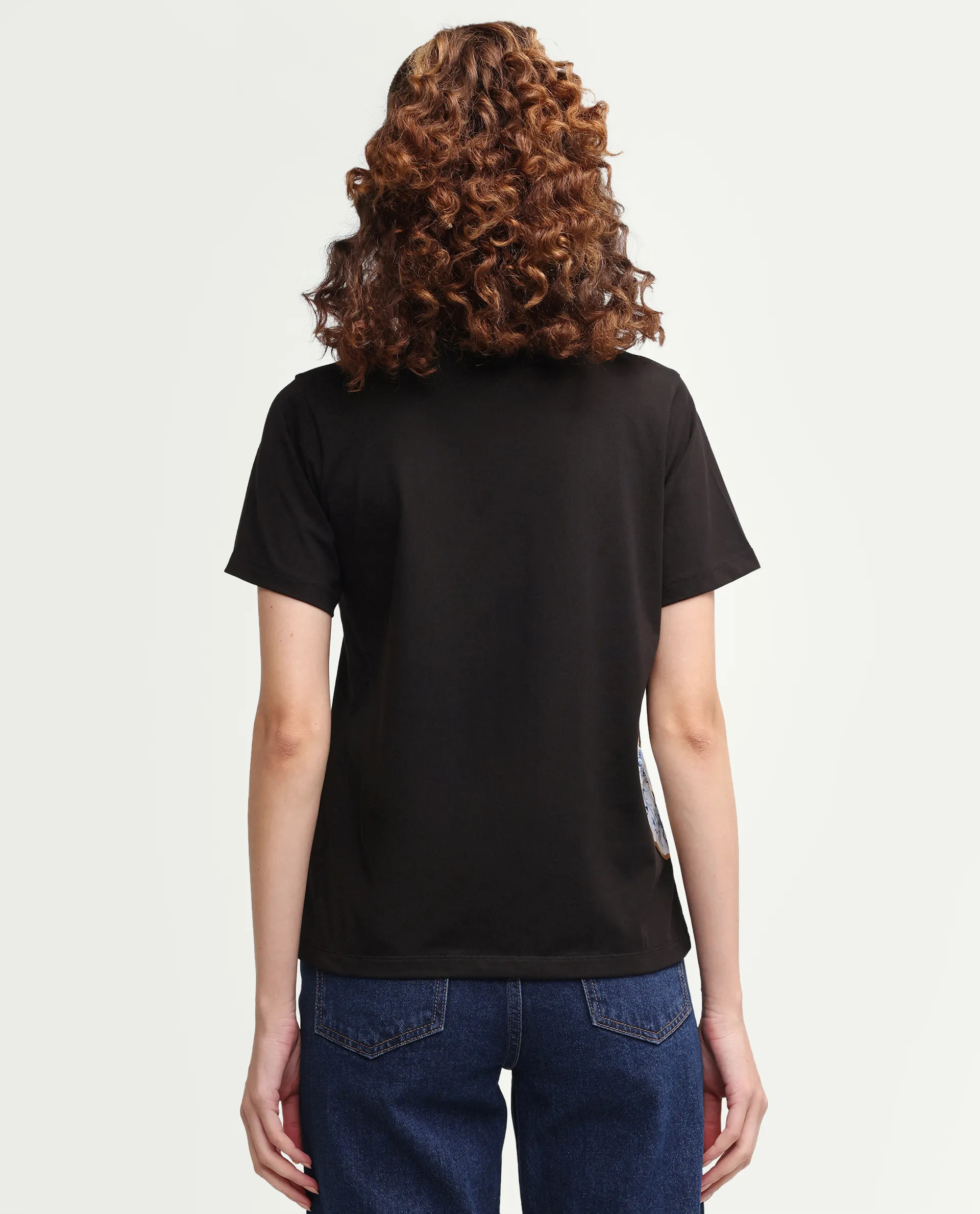 Rareism Women's Zyler Black Cotton Blend Half Sleeve Relaxed Fit Embroidery T-Shirt - Image 7