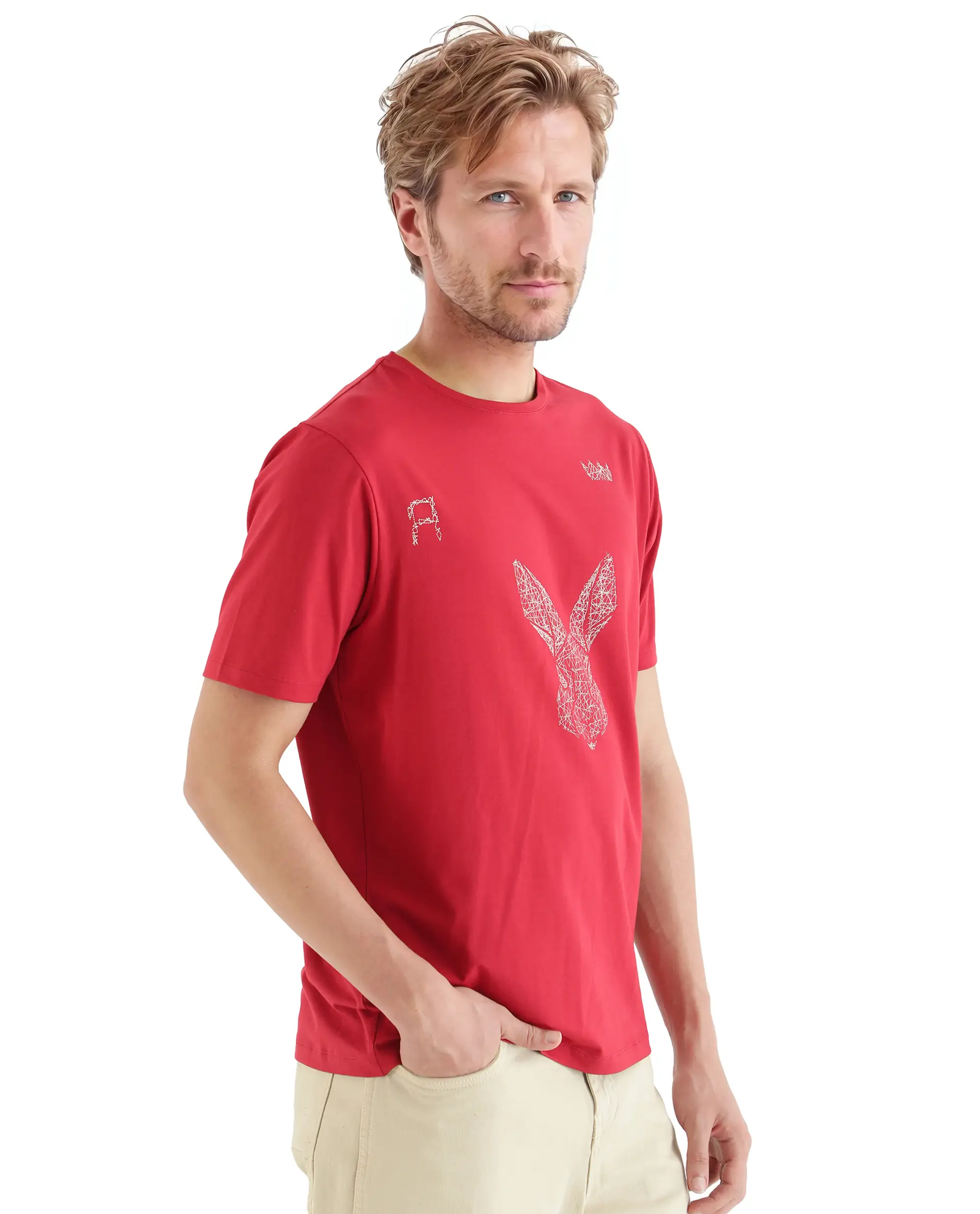Rare Rabbit Men's Zylo Red Cotton Blend Graphic Print Regular Fit Half Sleeve Crew Neck T-Shirt - Image 2