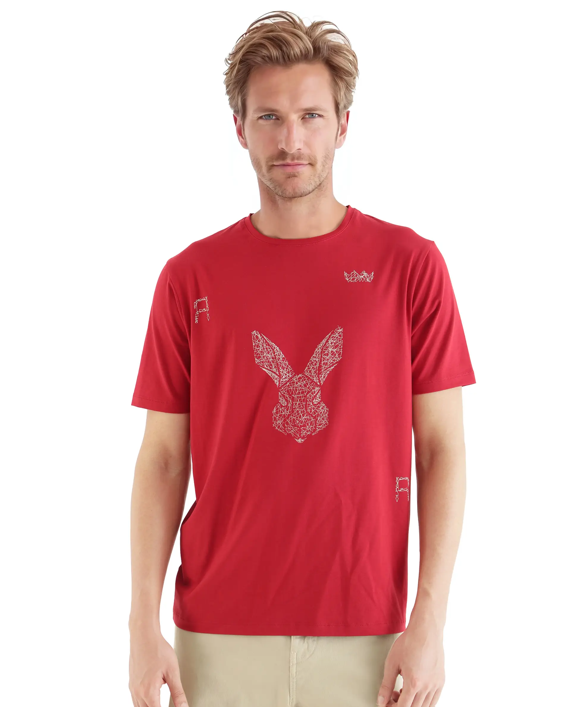 Rare Rabbit Men's Zylo Red Cotton Blend Graphic Print Regular Fit Half Sleeve Crew Neck T-Shirt - Image 3