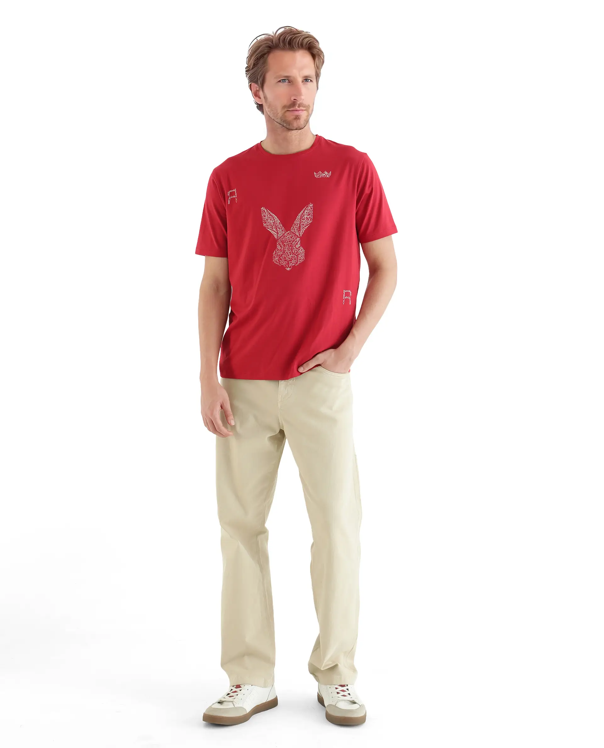 Rare Rabbit Men's Zylo Red Cotton Blend Graphic Print Regular Fit Half Sleeve Crew Neck T-Shirt - Image 4