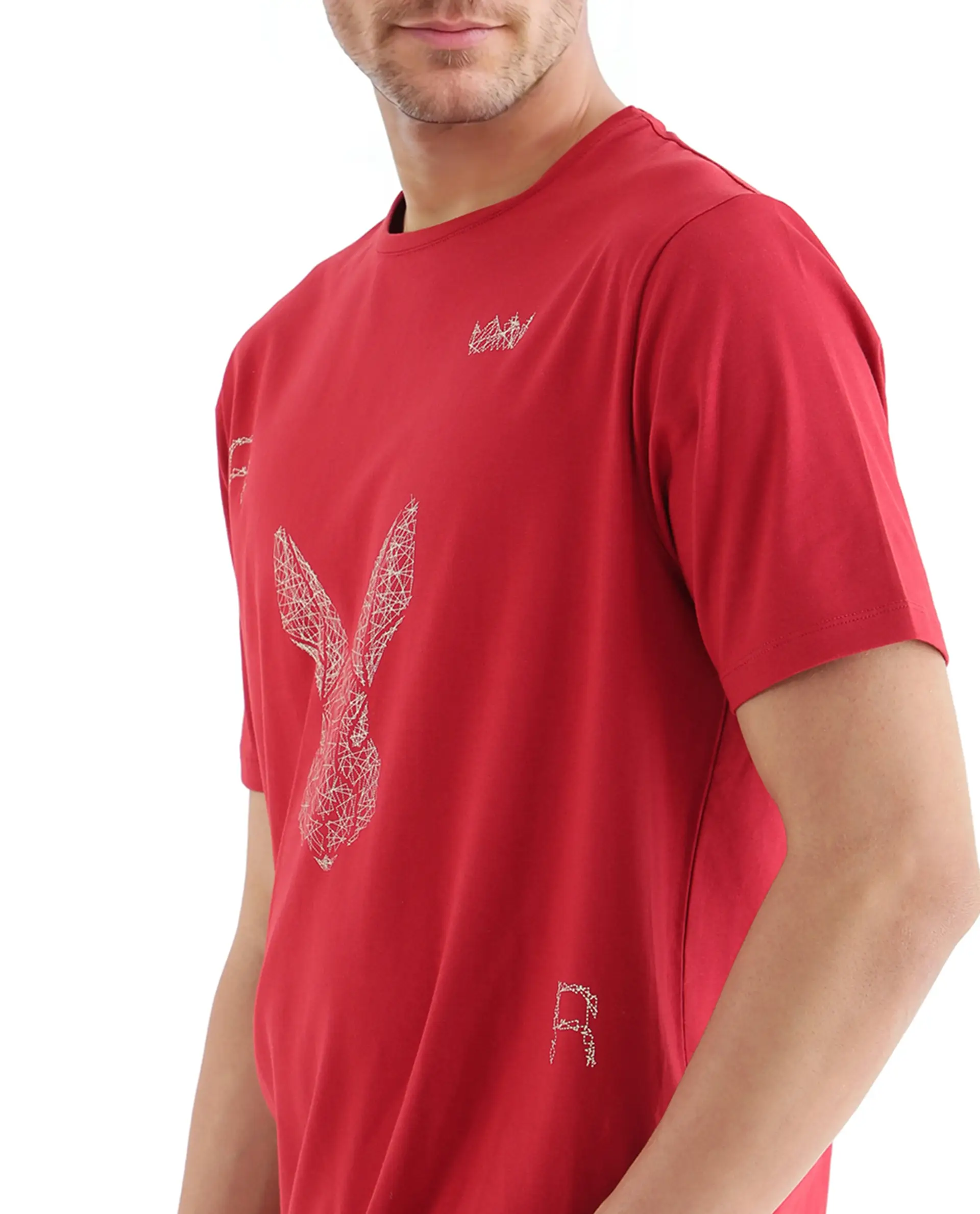 Rare Rabbit Men's Zylo Red Cotton Blend Graphic Print Regular Fit Half Sleeve Crew Neck T-Shirt - Image 5