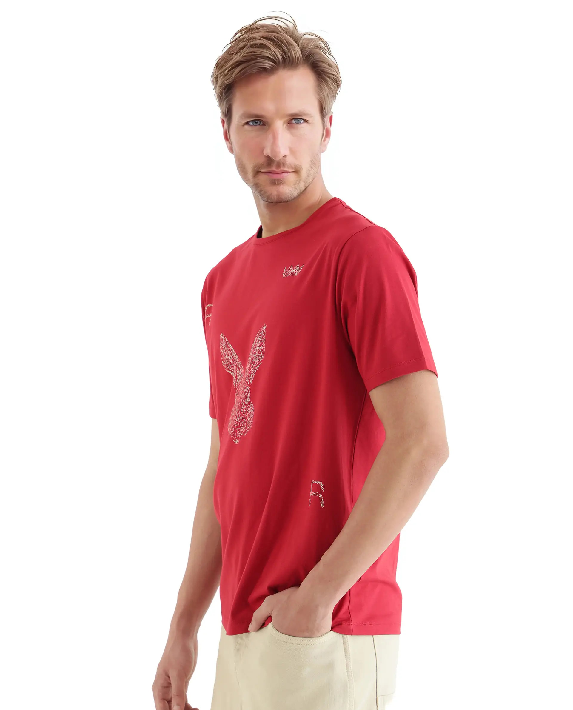Rare Rabbit Men's Zylo Red Cotton Blend Graphic Print Regular Fit Half Sleeve Crew Neck T-Shirt - Image 6