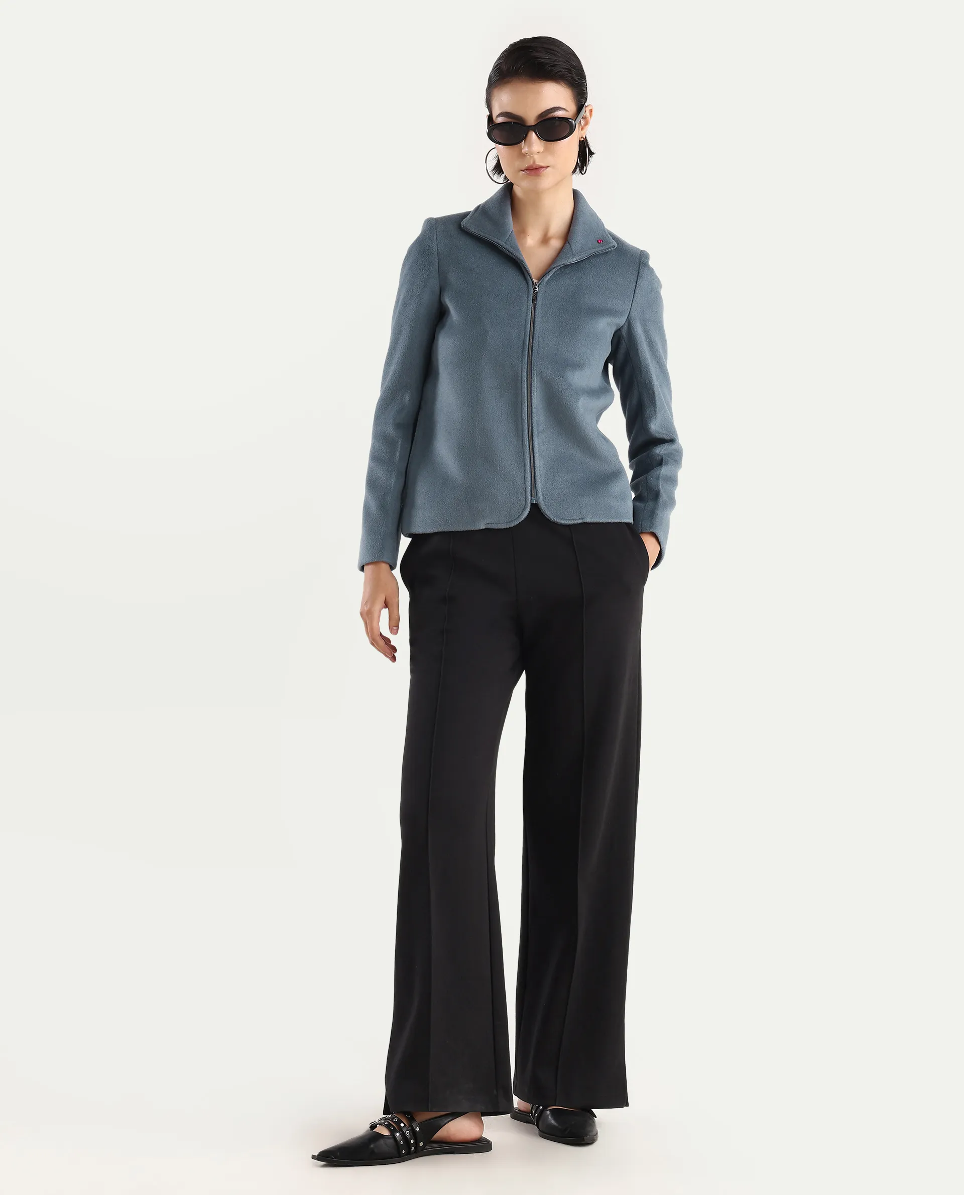 Rareism Women's Zympi Dusky Blue Stand Collar Plain Cuffed Sleeve Boxy Fit Jacket - Image 2