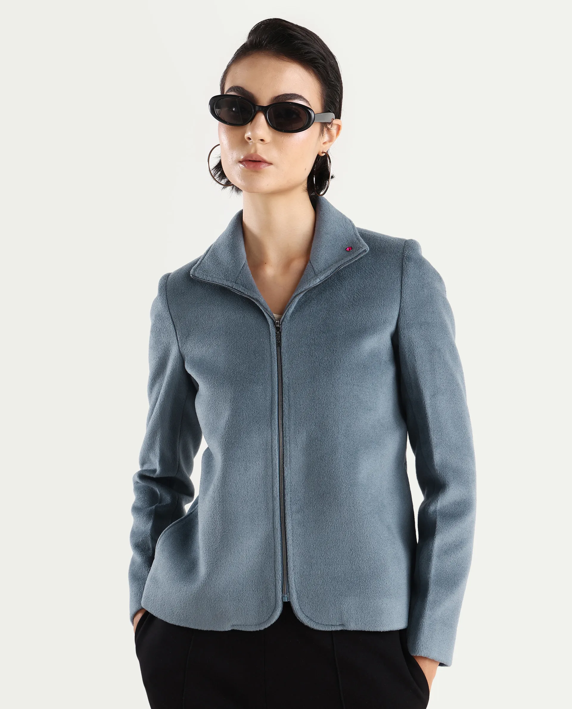 Rareism Women's Zympi Dusky Blue Stand Collar Plain Cuffed Sleeve Boxy Fit Jacket - Image 3