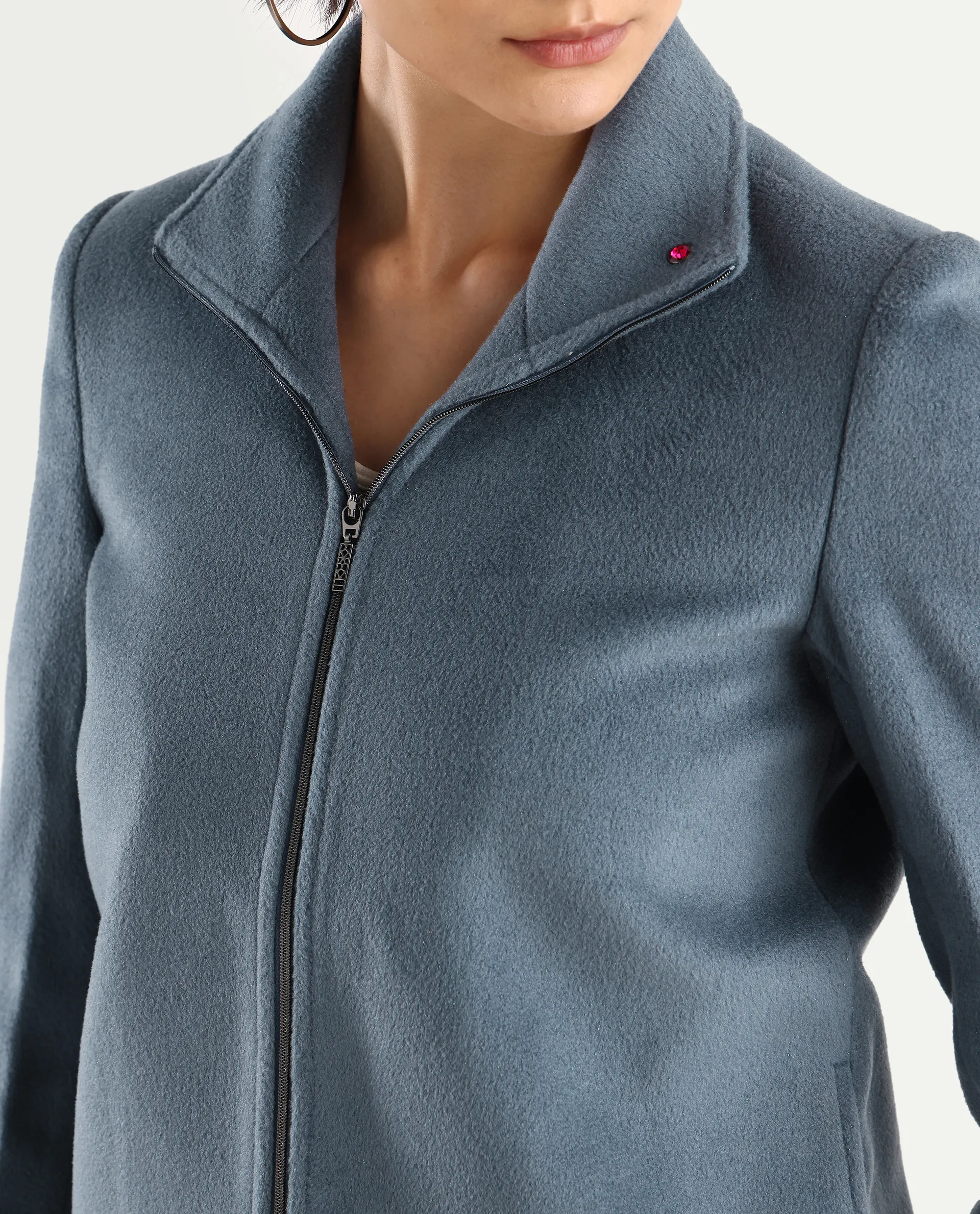Rareism Women's Zympi Dusky Blue Stand Collar Plain Cuffed Sleeve Boxy Fit Jacket - Image 4