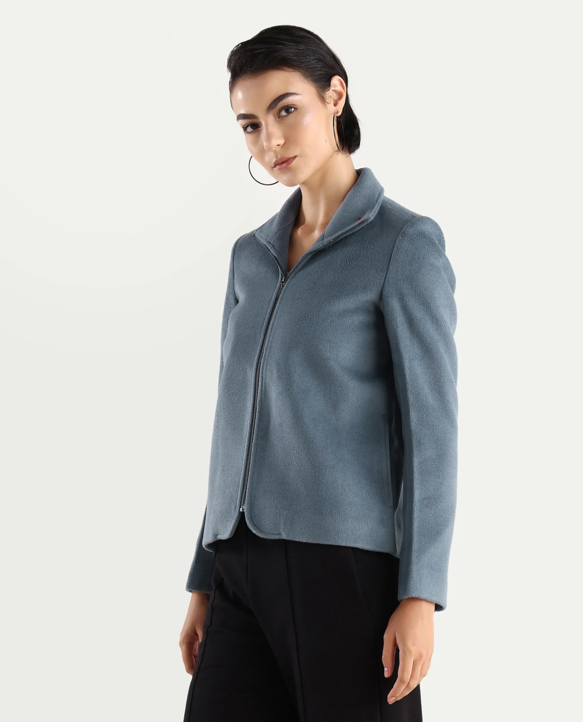 Rareism Women's Zympi Dusky Blue Stand Collar Plain Cuffed Sleeve Boxy Fit Jacket - Image 5
