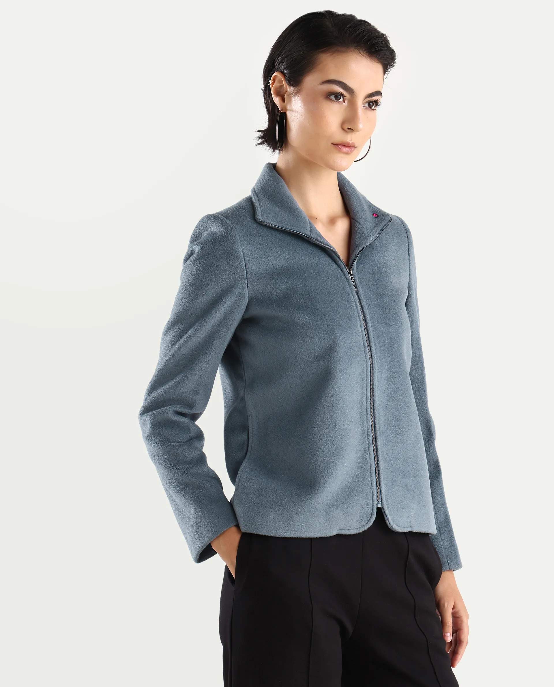 Rareism Women's Zympi Dusky Blue Stand Collar Plain Cuffed Sleeve Boxy Fit Jacket - Image 6