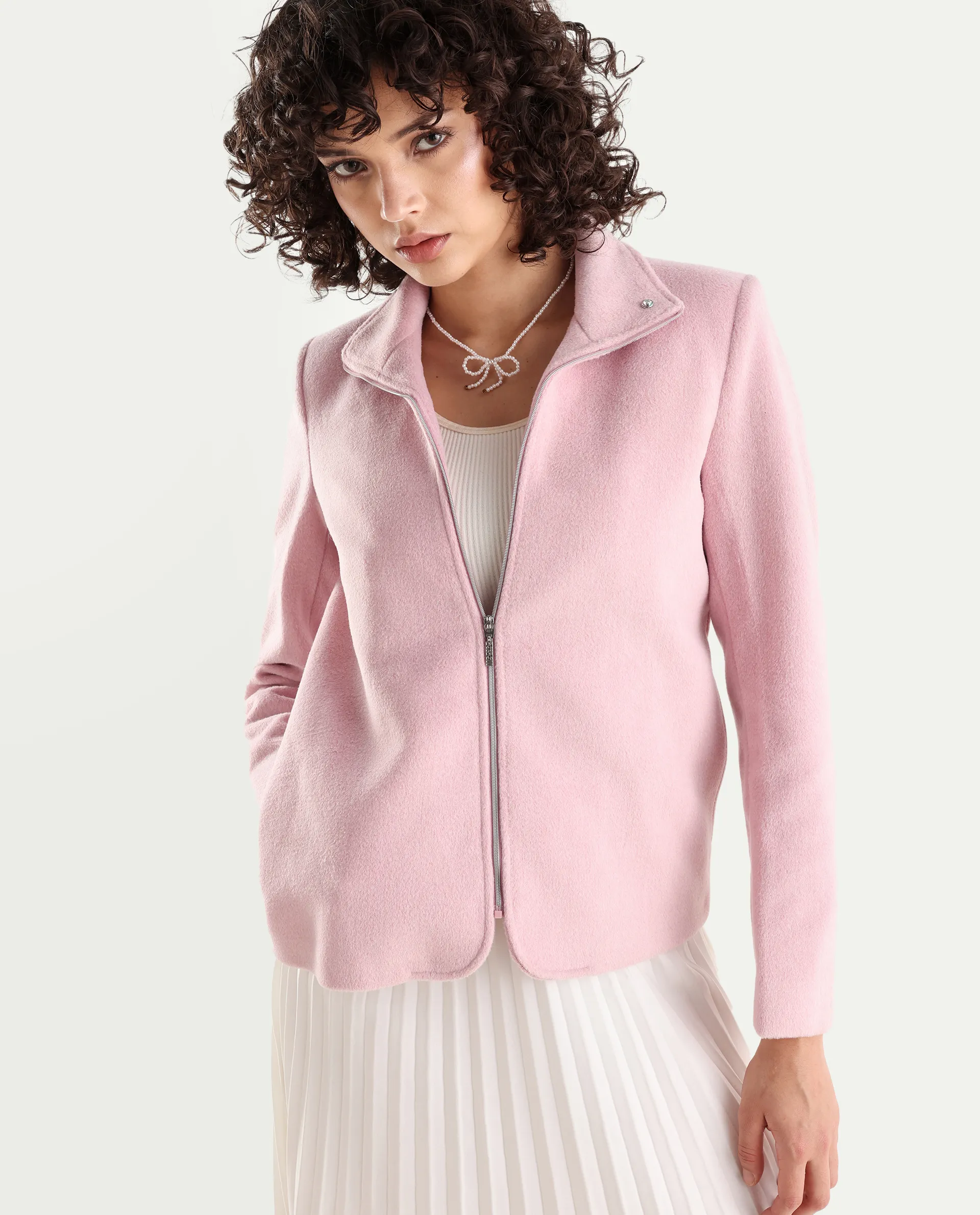Rareism Women's Zympi Light Pink Stand Collar Plain Cuffed Sleeve Boxy Fit Jacket