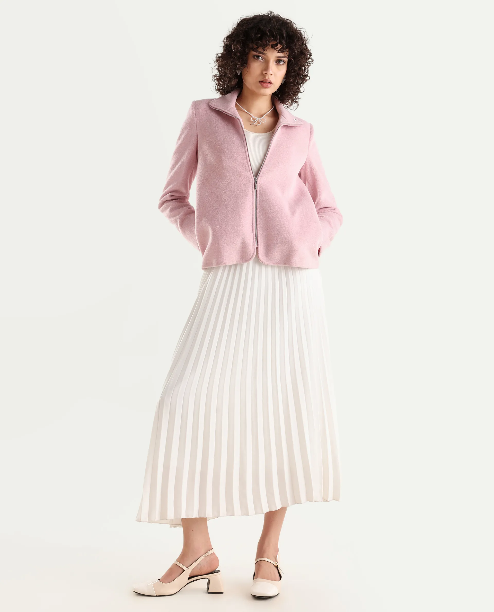 Rareism Women's Zympi Light Pink Stand Collar Plain Cuffed Sleeve Boxy Fit Jacket - Image 2