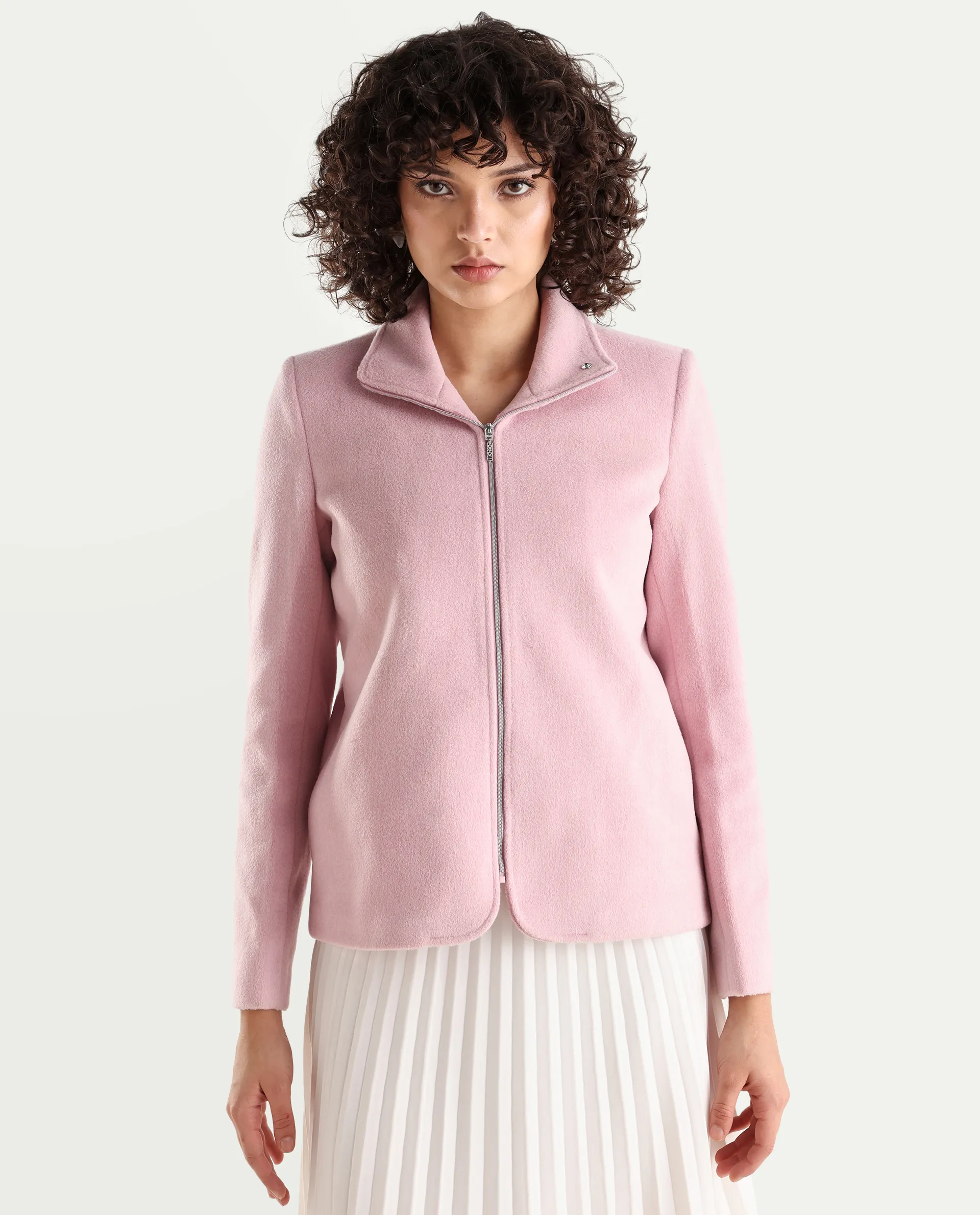 Rareism Women's Zympi Light Pink Stand Collar Plain Cuffed Sleeve Boxy Fit Jacket - Image 3