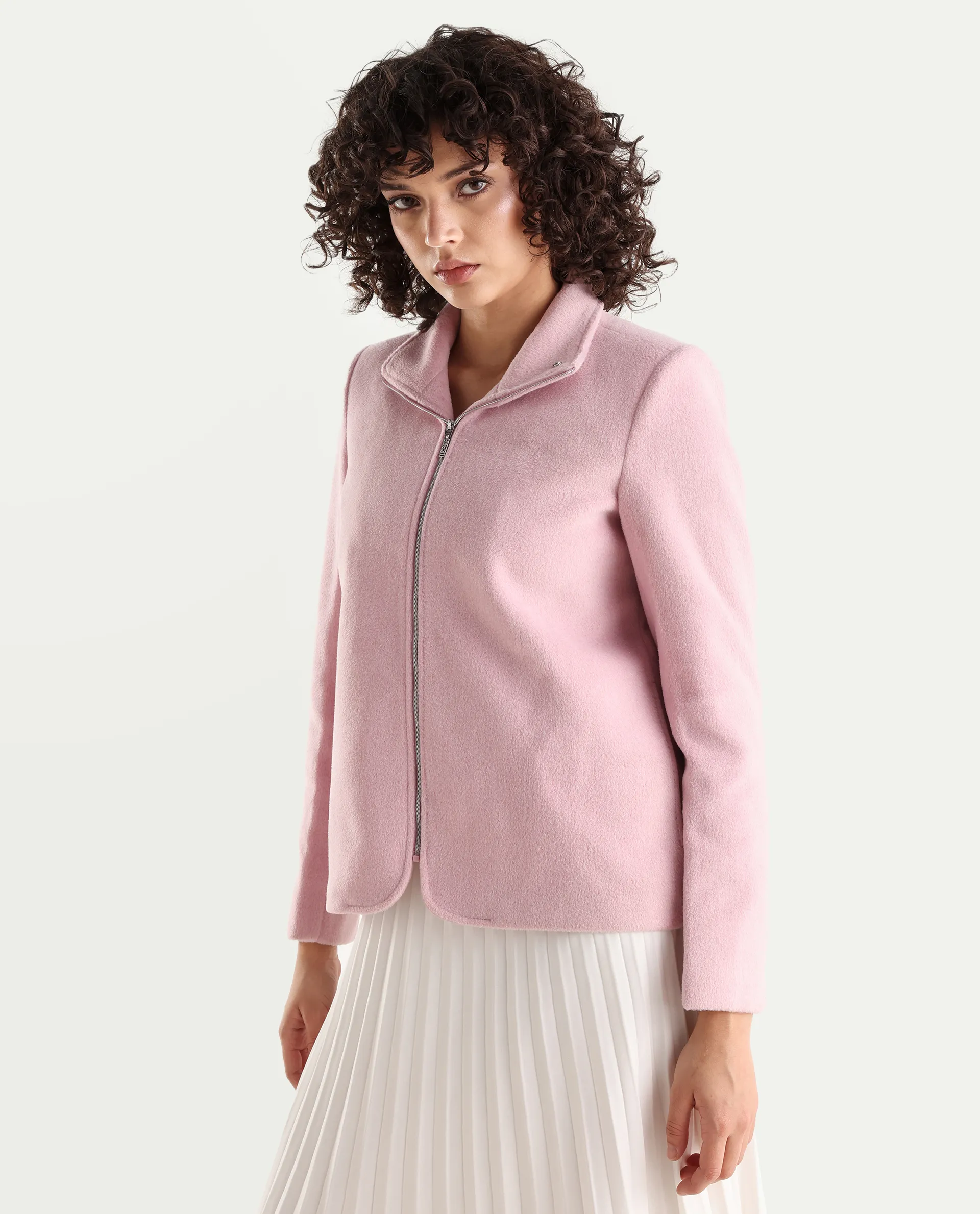 Rareism Women's Zympi Light Pink Stand Collar Plain Cuffed Sleeve Boxy Fit Jacket - Image 5