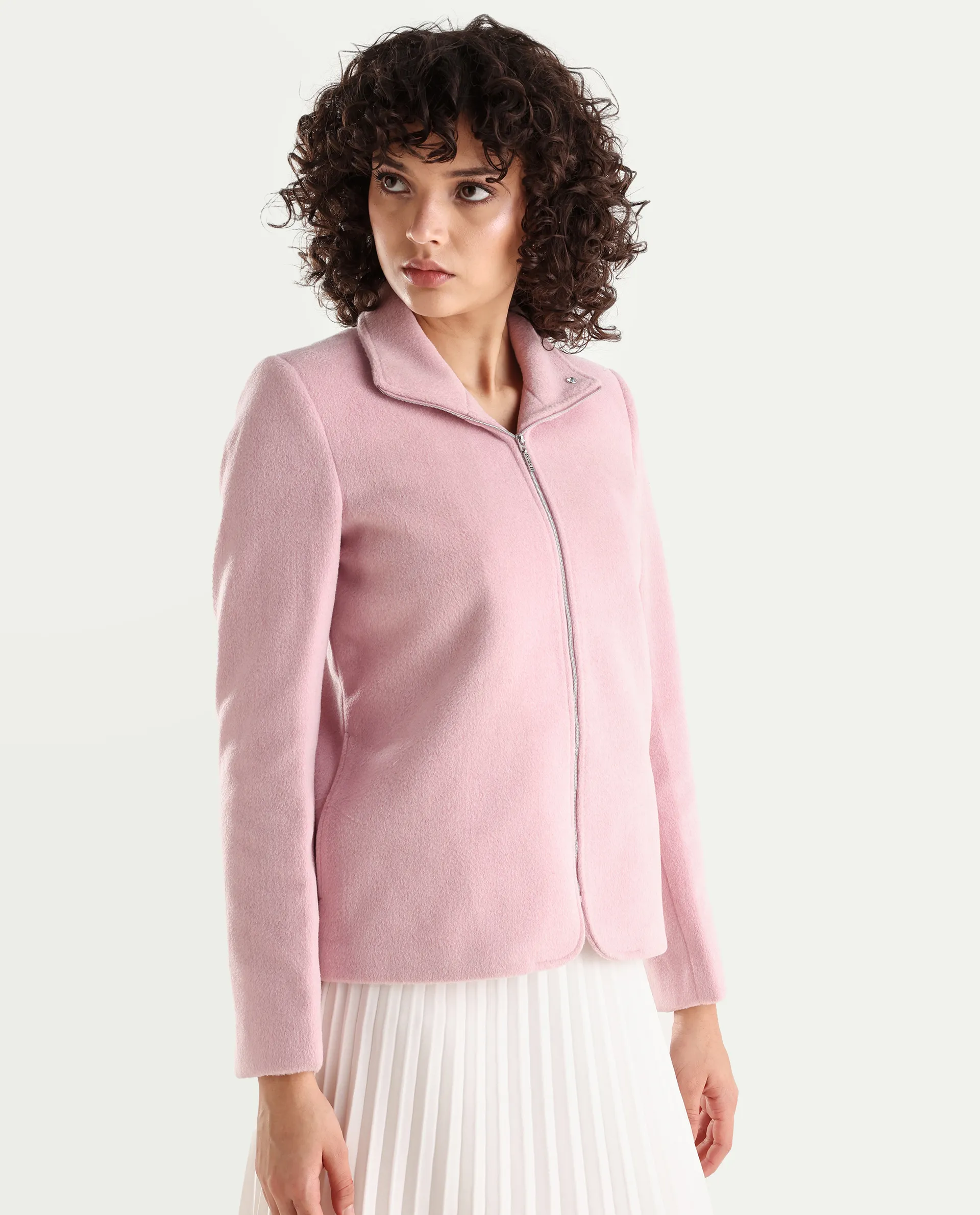 Rareism Women's Zympi Light Pink Stand Collar Plain Cuffed Sleeve Boxy Fit Jacket - Image 6