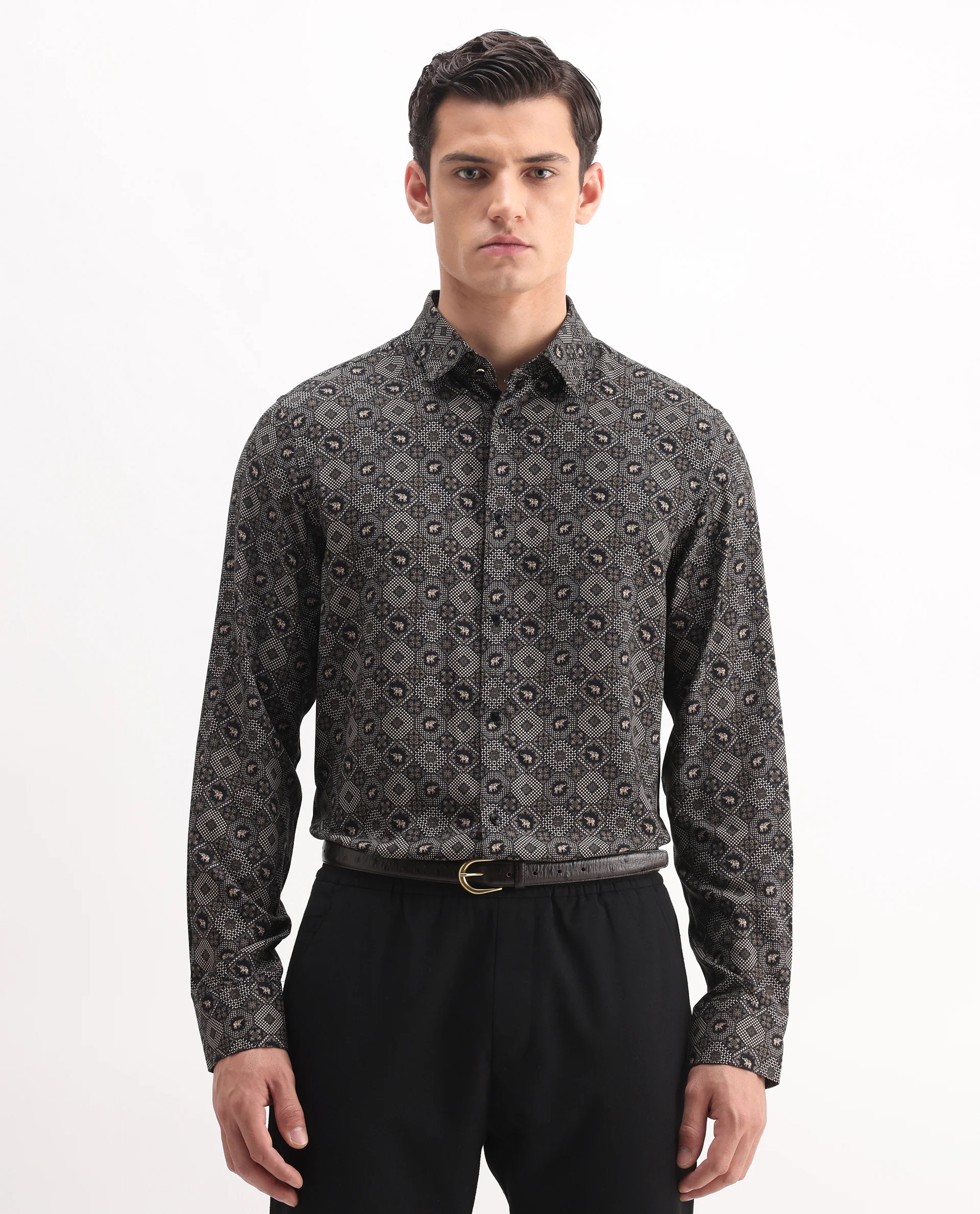 Rare Rabbit Men's Zynor Black Viscose Geometric Print Regular Fit Full Sleeve Collared Shirt