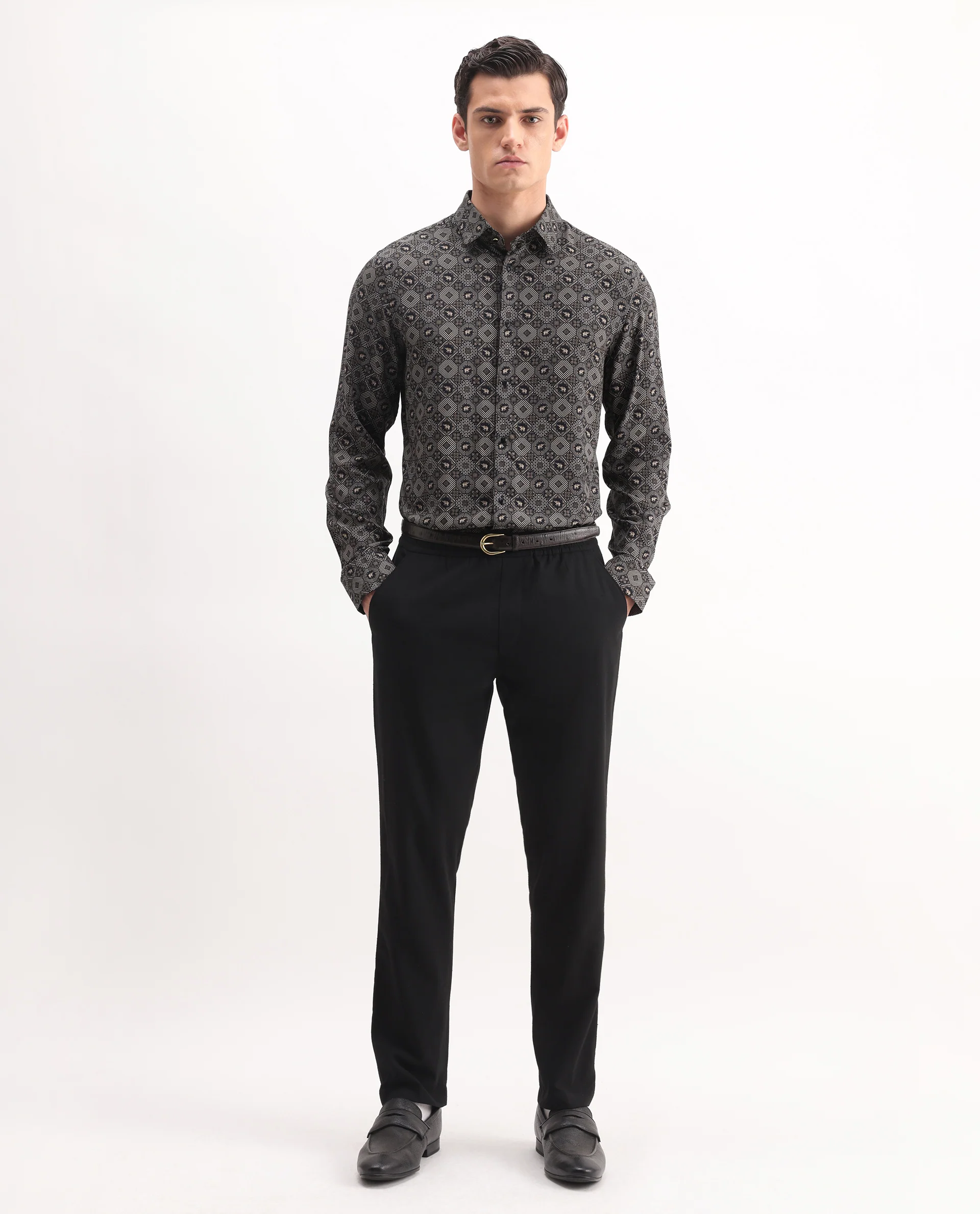 Rare Rabbit Men's Zynor Black Viscose Geometric Print Regular Fit Full Sleeve Collared Shirt - Image 2