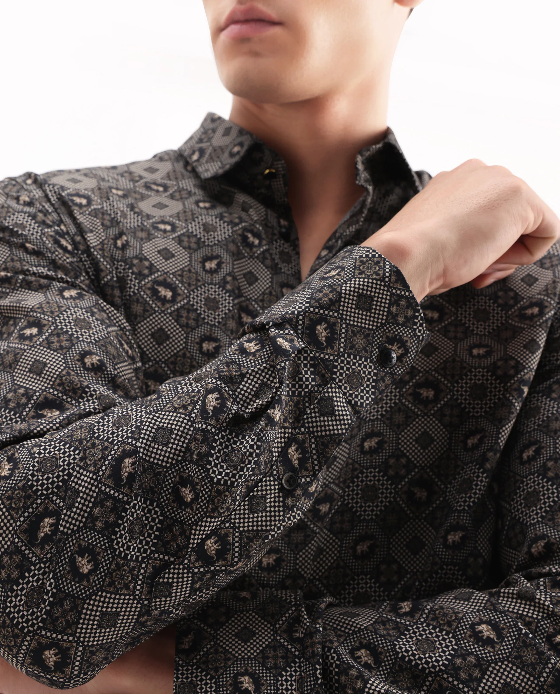 Rare Rabbit Men's Zynor Black Viscose Geometric Print Regular Fit Full Sleeve Collared Shirt - Image 3
