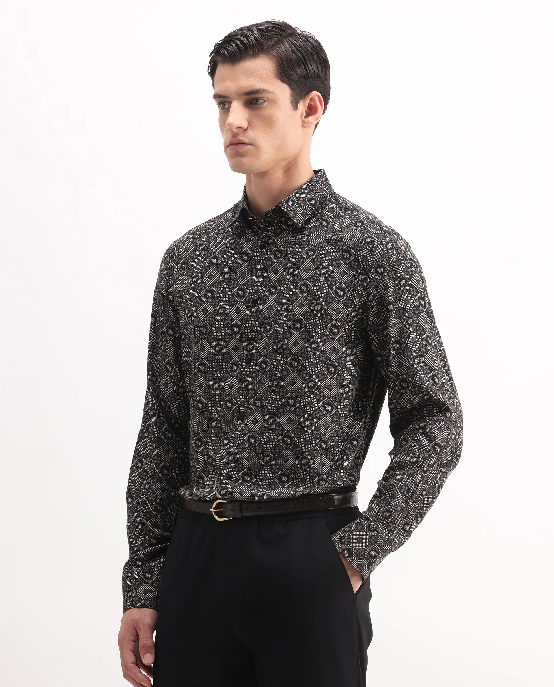 Rare Rabbit Men's Zynor Black Viscose Geometric Print Regular Fit Full Sleeve Collared Shirt - Image 4