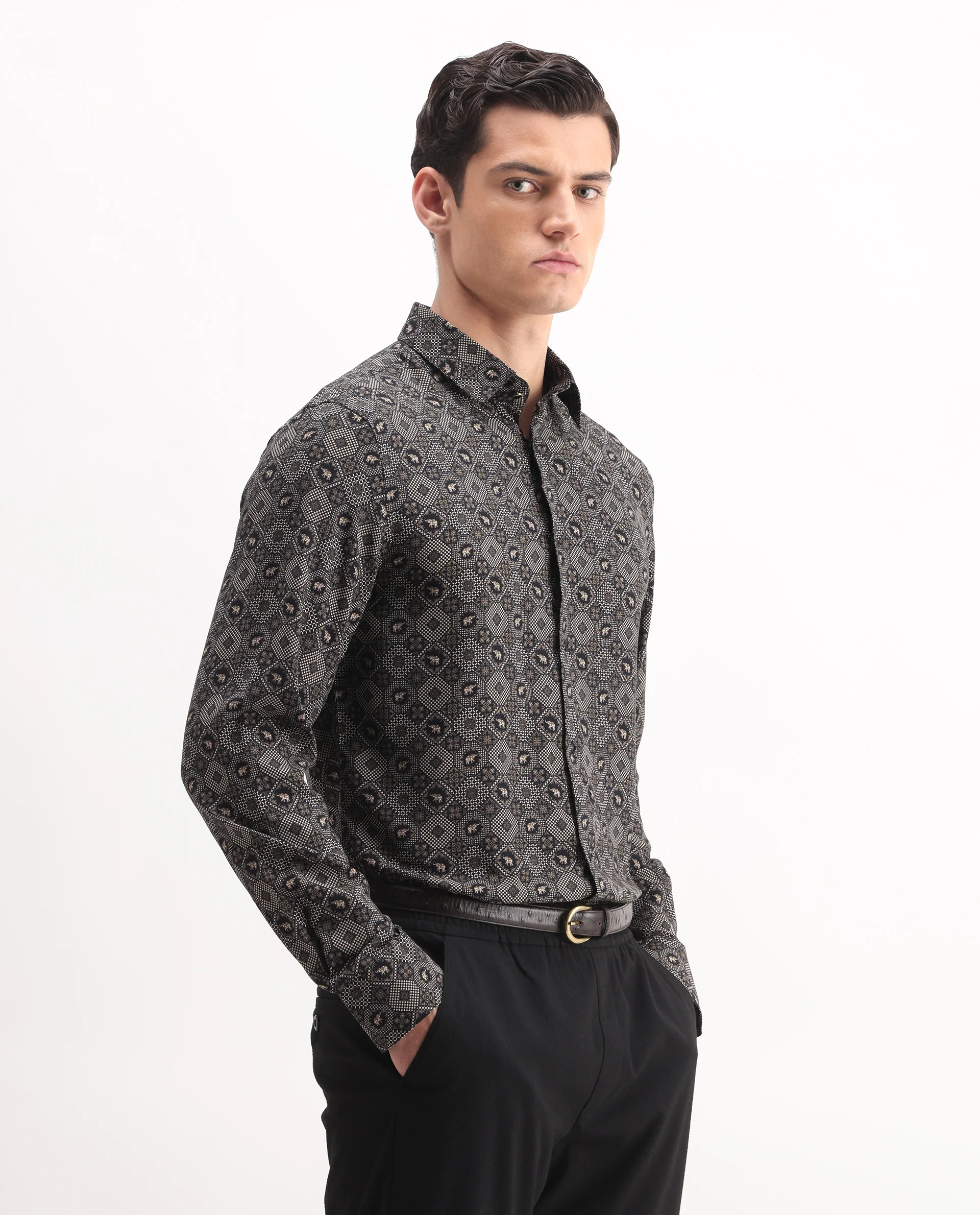 Rare Rabbit Men's Zynor Black Viscose Geometric Print Regular Fit Full Sleeve Collared Shirt - Image 5