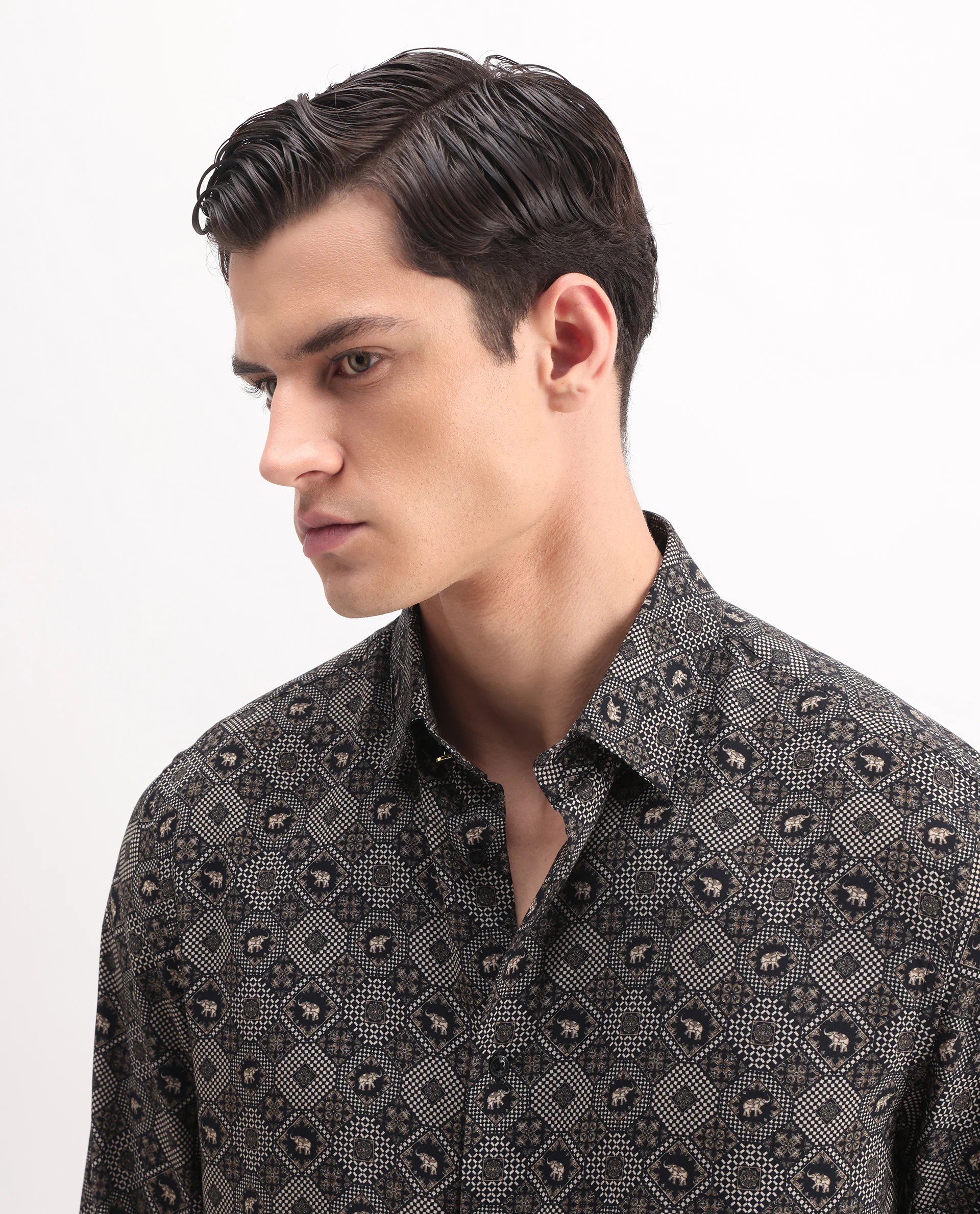Rare Rabbit Men's Zynor Black Viscose Geometric Print Regular Fit Full Sleeve Collared Shirt - Image 6