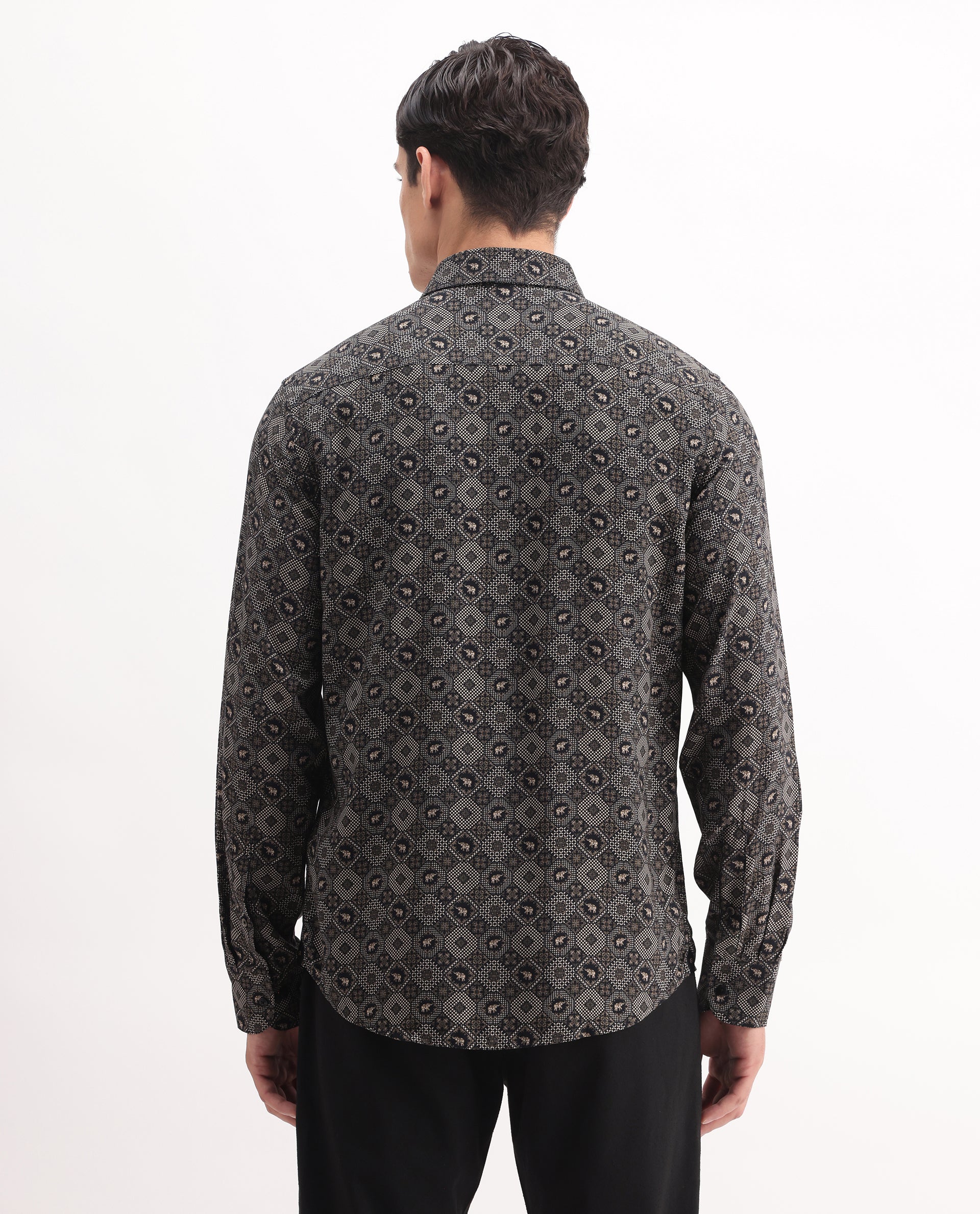 Rare Rabbit Men's Zynor Black Viscose Geometric Print Regular Fit Full Sleeve Collared Shirt - Image 8