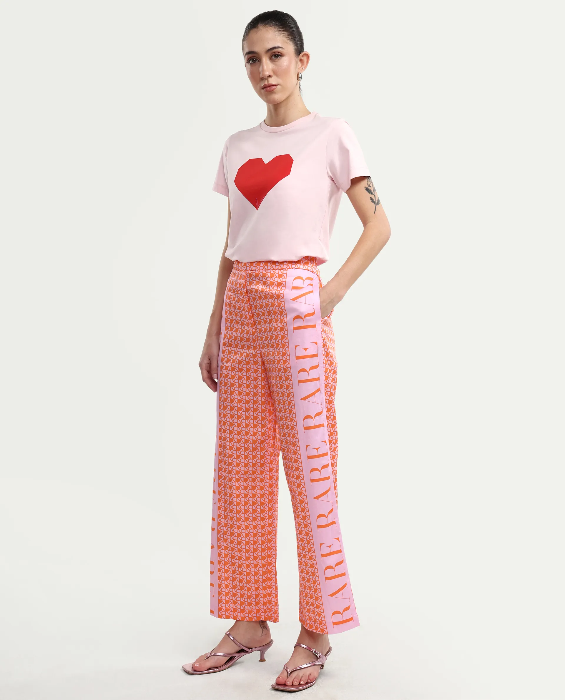 Rareism Women's Zyon-B Pink Cotton Monogram Print Ankle Length Straight Fit Trouser - Image 2