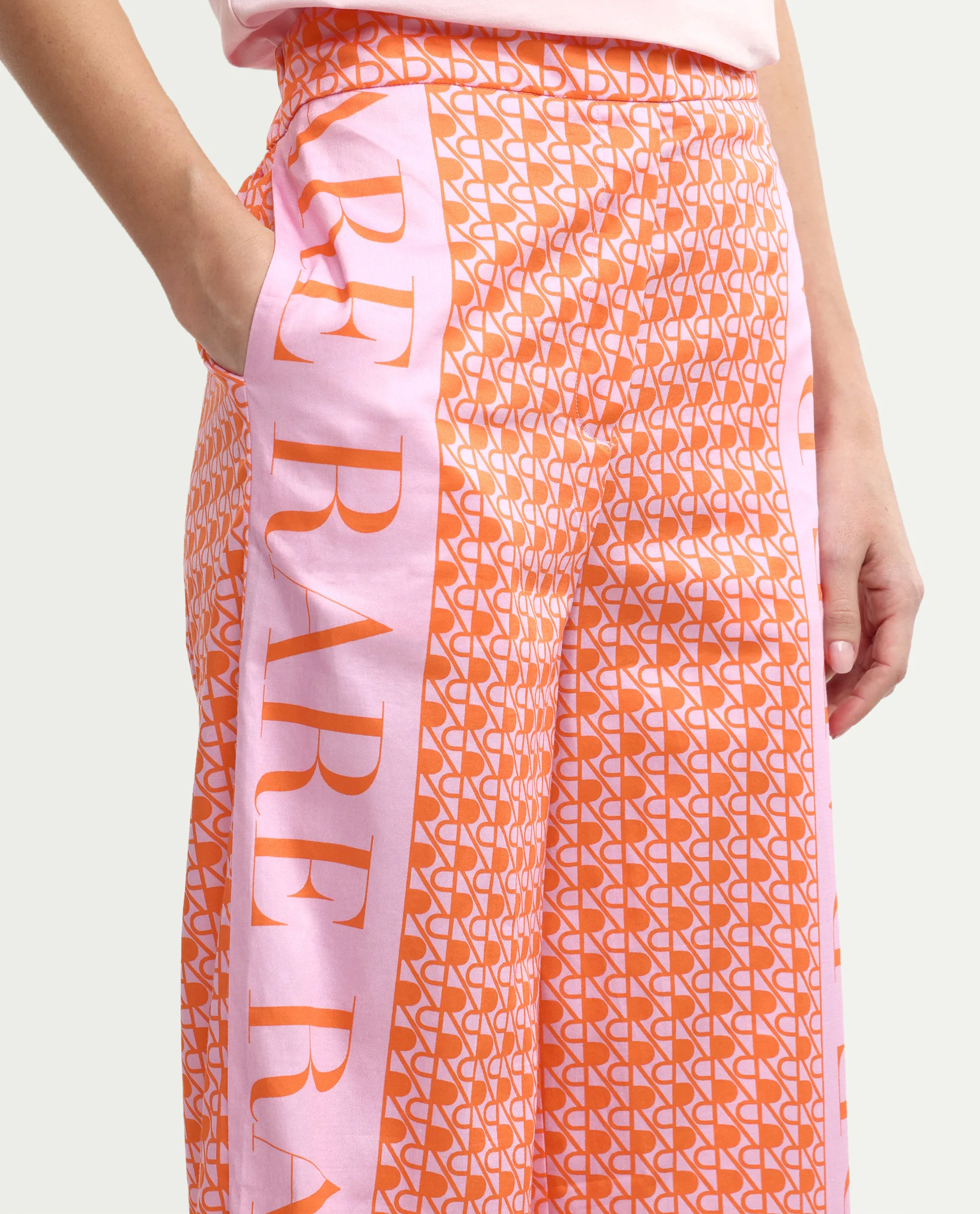 Rareism Women's Zyon-B Pink Cotton Monogram Print Ankle Length Straight Fit Trouser - Image 4