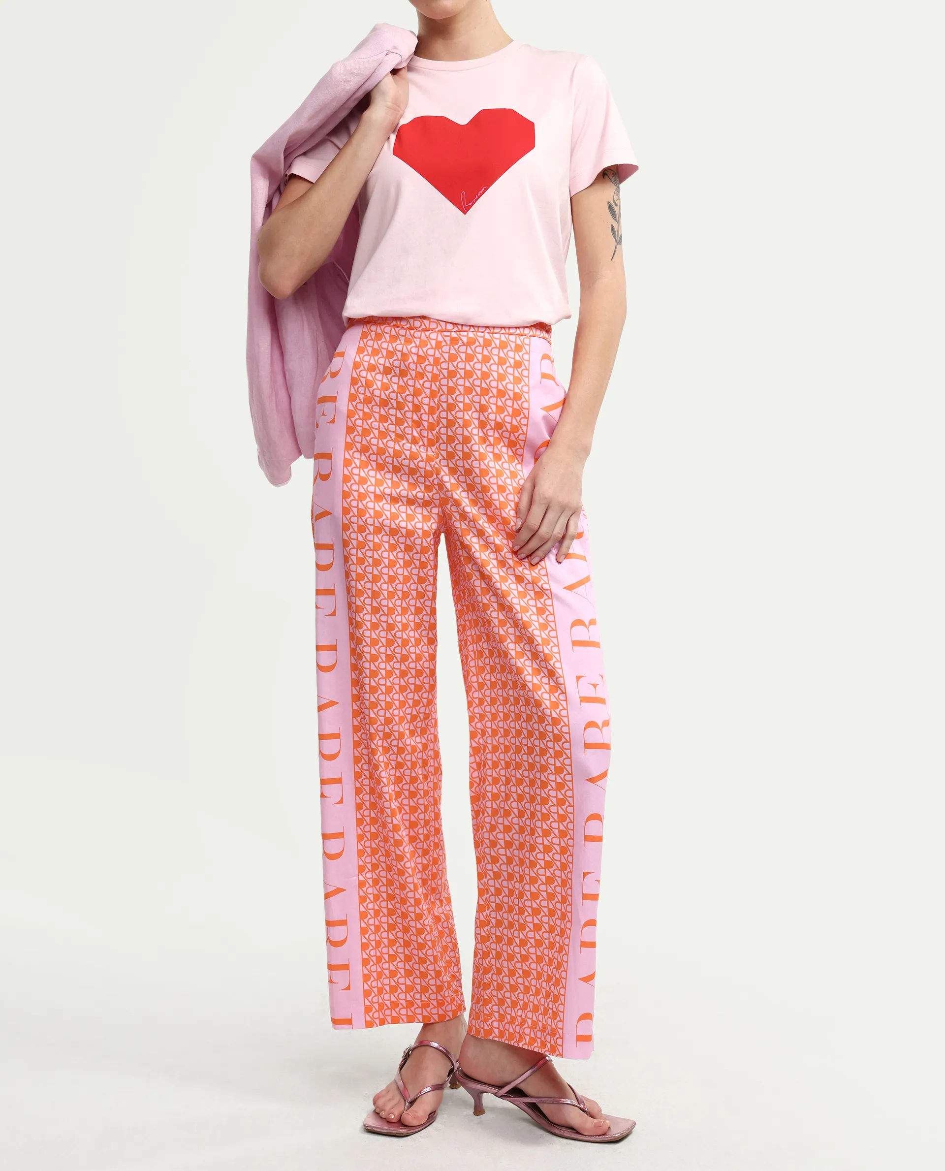 Rareism Women's Zyon-B Pink Cotton Monogram Print Ankle Length Straight Fit Trouser - Image 5