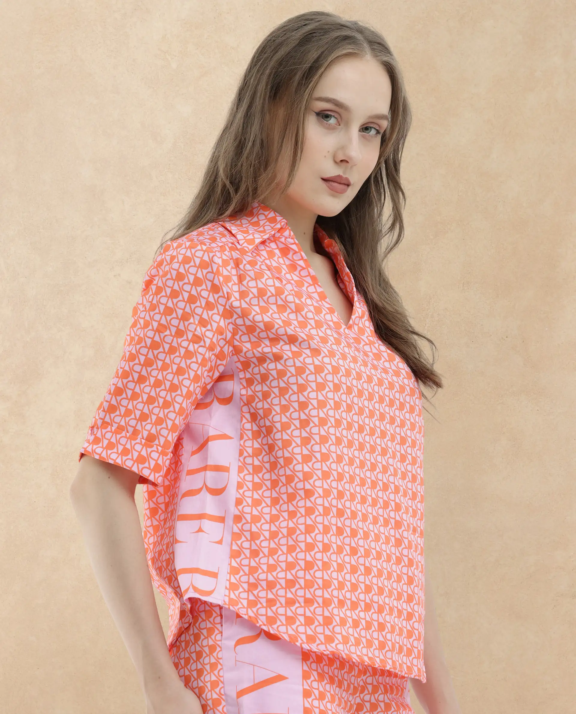 Rareism Women's Zyon-T Pink Cotton Johnny Collar Monogram Print Regular Fit Top - Image 4