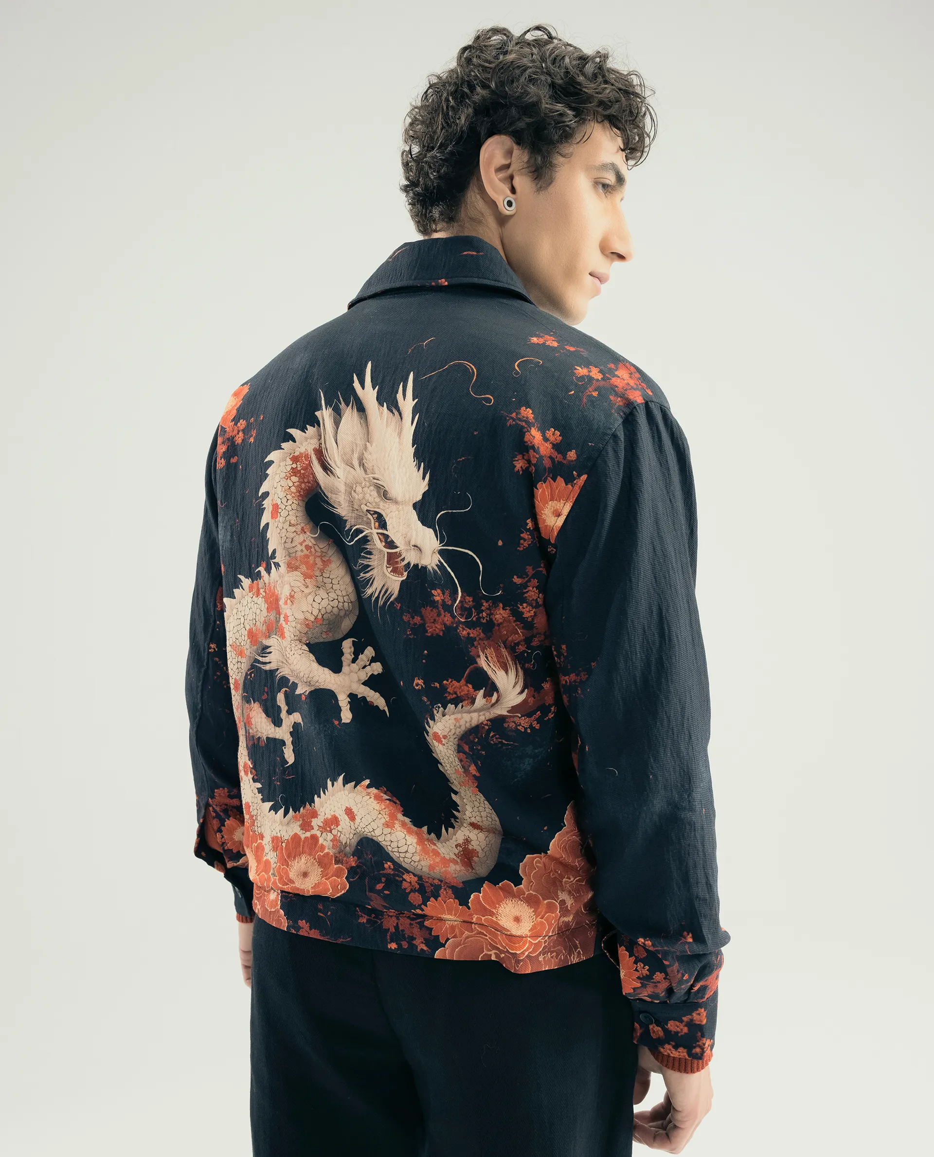Rare Rabbit Men's Zyra Navy Viscose Blend Fabric Spread Collar Regular Fit Printed Jacket - Image 3