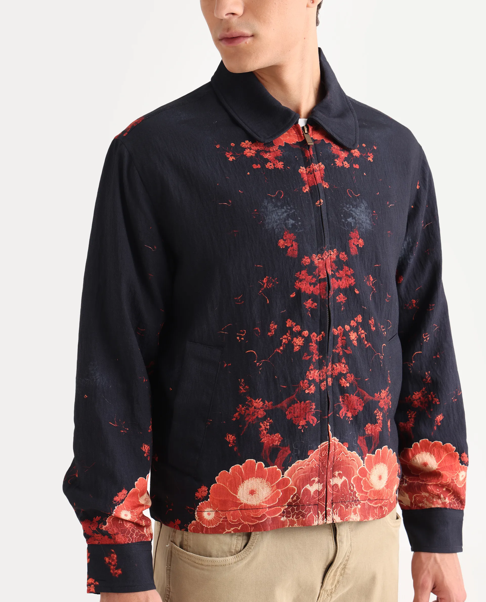 Rare Rabbit Men's Zyra Navy Viscose Blend Fabric Spread Collar Regular Fit Printed Jacket - Image 4