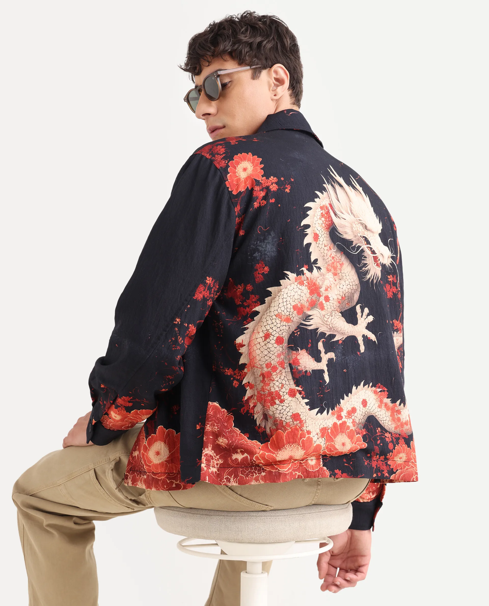 Rare Rabbit Men's Zyra Navy Viscose Blend Fabric Spread Collar Regular Fit Printed Jacket - Image 9