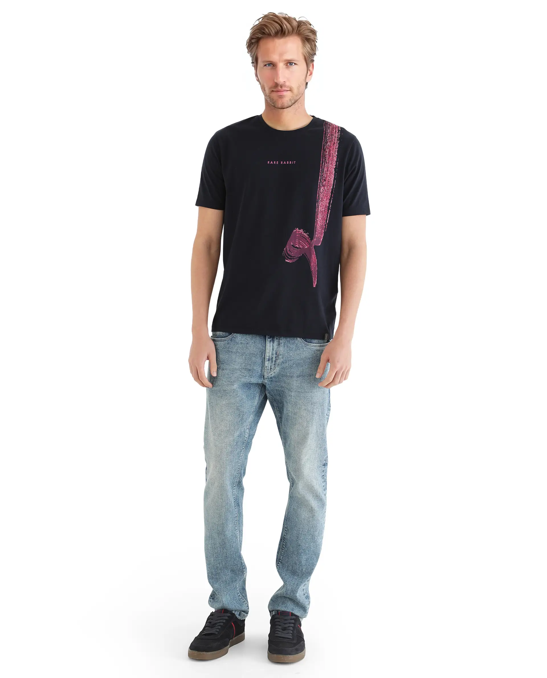 Rare Rabbit Men's Zyra Navy Cotton Blend Abstract Print Regular Fit Half Sleeve Crew Neck T-Shirt - Image 2