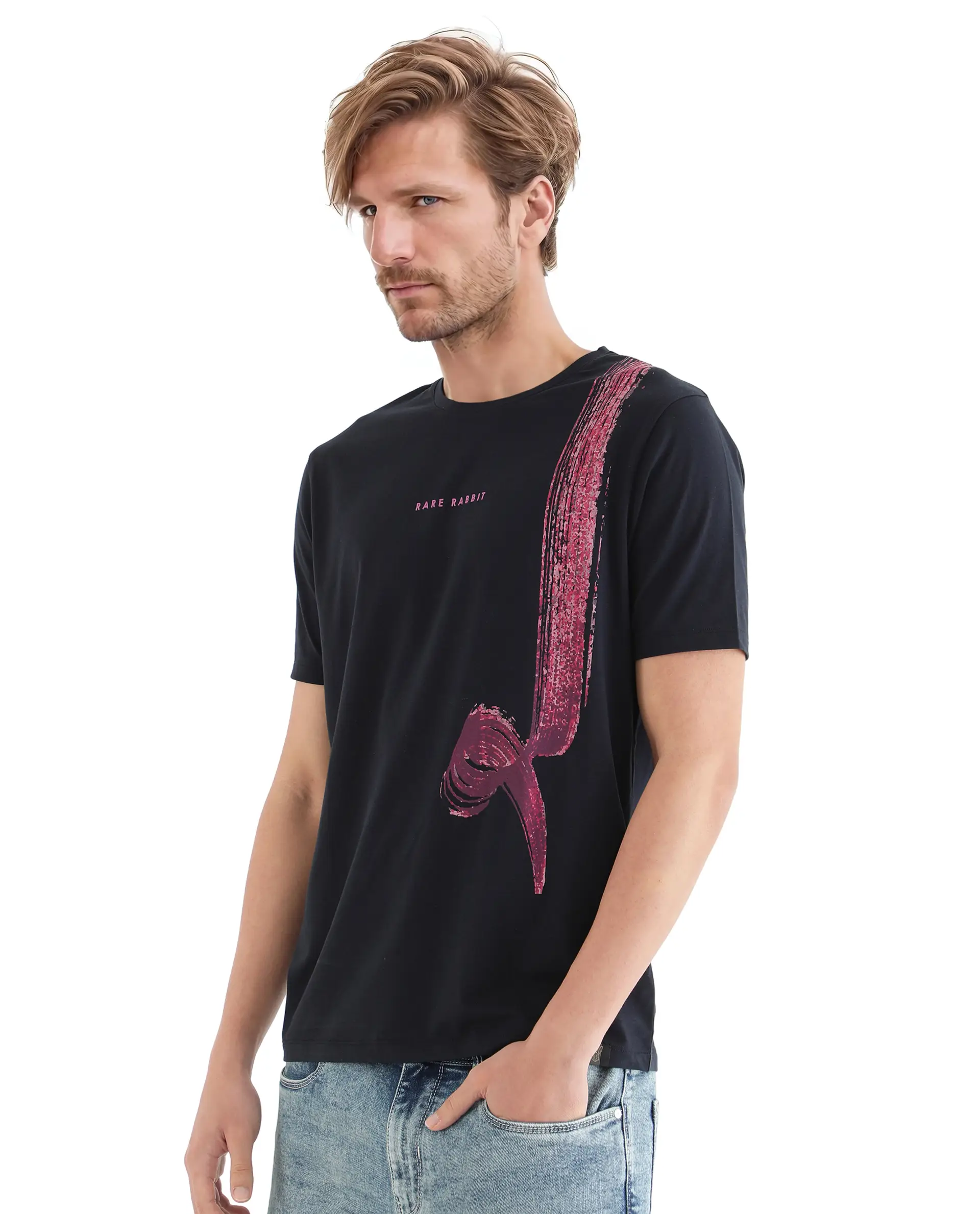 Rare Rabbit Men's Zyra Navy Cotton Blend Abstract Print Regular Fit Half Sleeve Crew Neck T-Shirt - Image 4