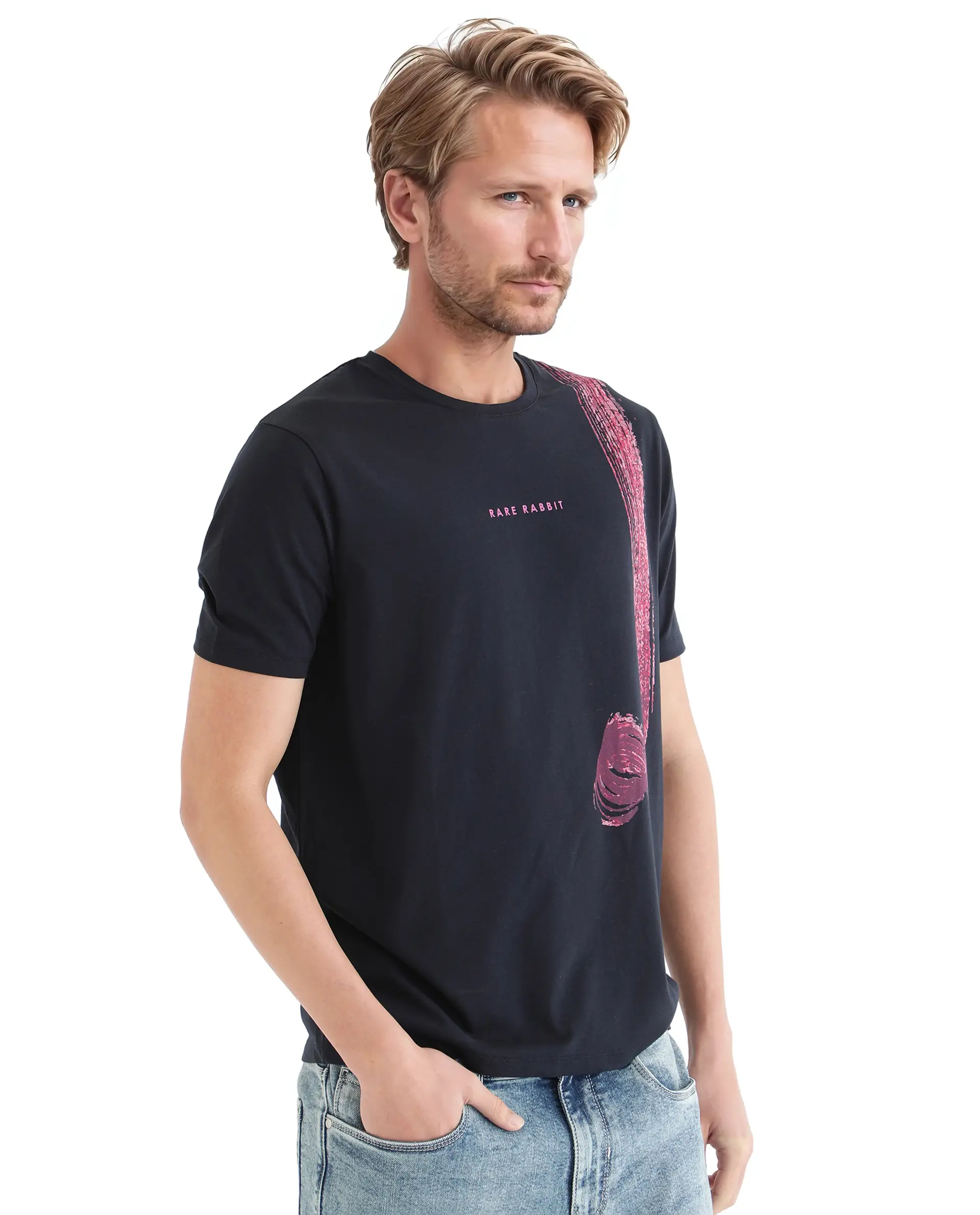 Rare Rabbit Men's Zyra Navy Cotton Blend Abstract Print Regular Fit Half Sleeve Crew Neck T-Shirt - Image 5