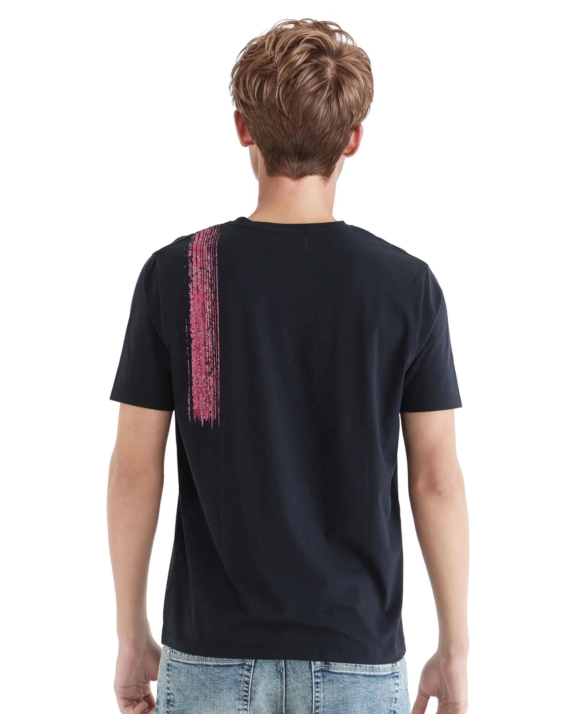 Rare Rabbit Men's Zyra Navy Cotton Blend Abstract Print Regular Fit Half Sleeve Crew Neck T-Shirt - Image 7