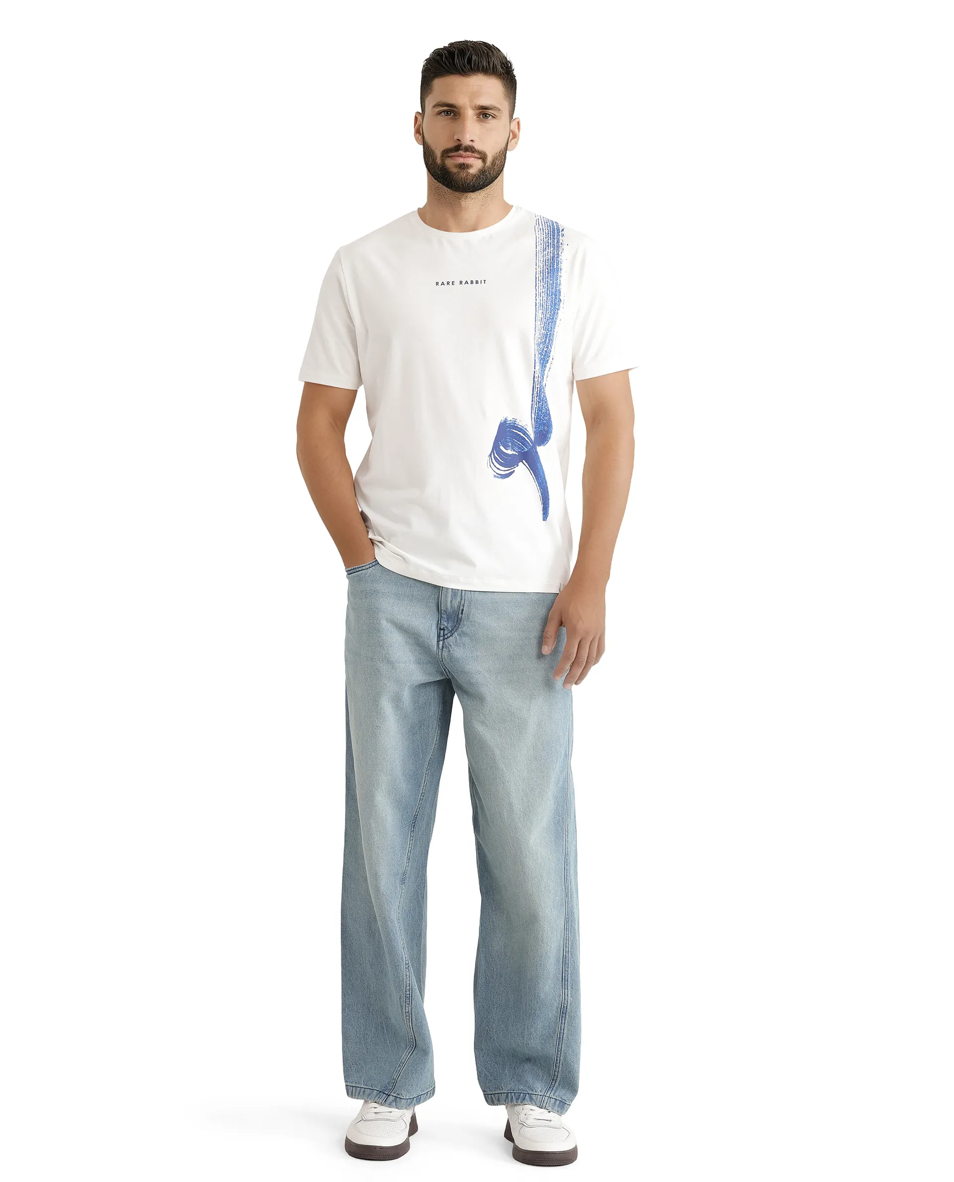 Rare Rabbit Men's Zyra Off White Cotton Blend Abstract Print Regular Fit Half Sleeve Crew Neck T-Shirt - Image 2