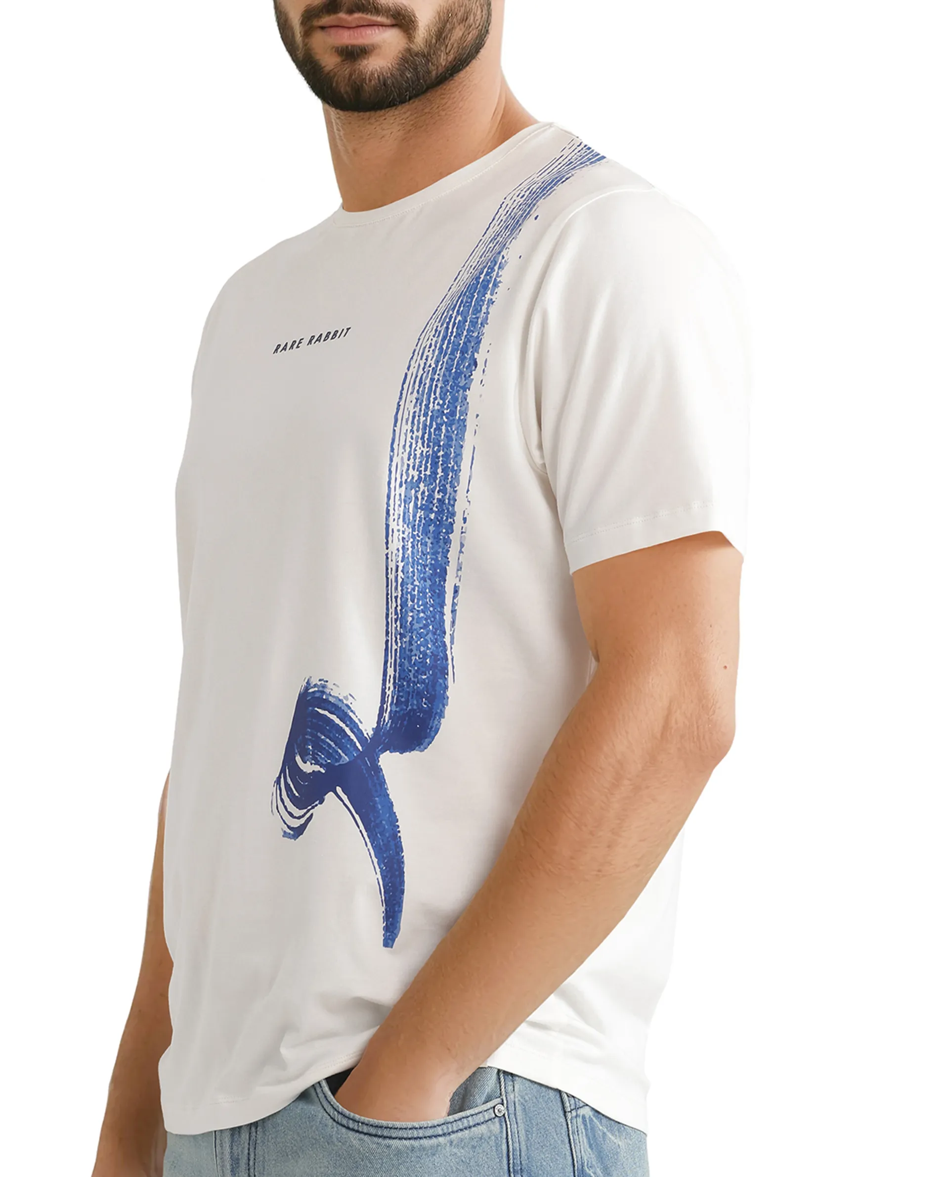 Rare Rabbit Men's Zyra Off White Cotton Blend Abstract Print Regular Fit Half Sleeve Crew Neck T-Shirt - Image 3