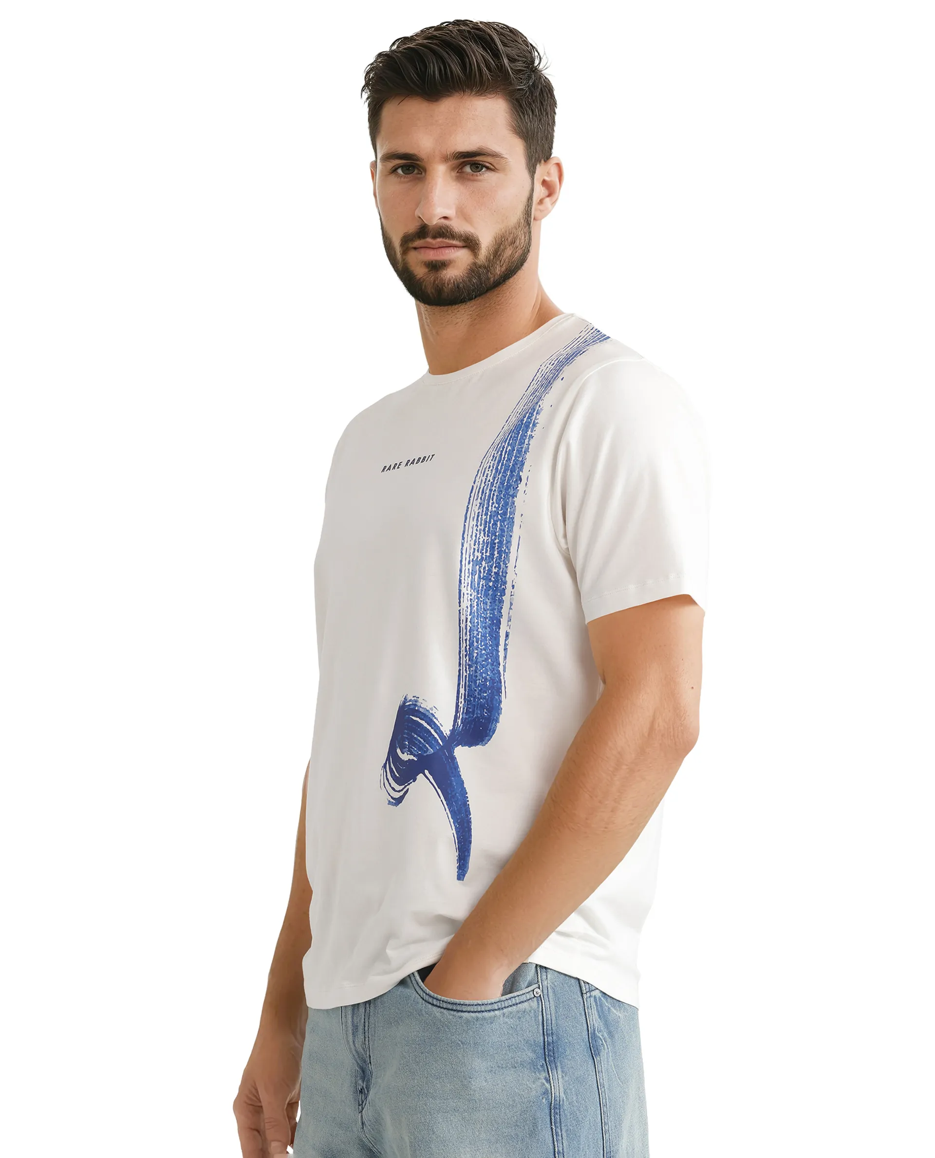 Rare Rabbit Men's Zyra Off White Cotton Blend Abstract Print Regular Fit Half Sleeve Crew Neck T-Shirt - Image 5