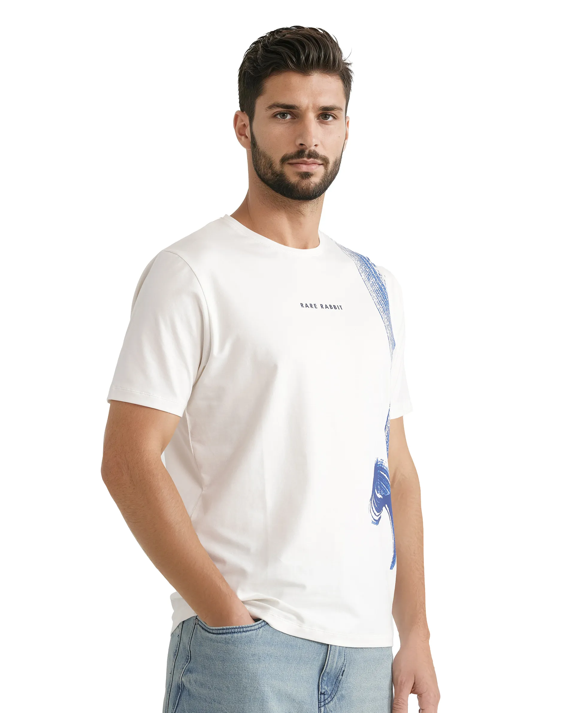 Rare Rabbit Men's Zyra Off White Cotton Blend Abstract Print Regular Fit Half Sleeve Crew Neck T-Shirt - Image 6
