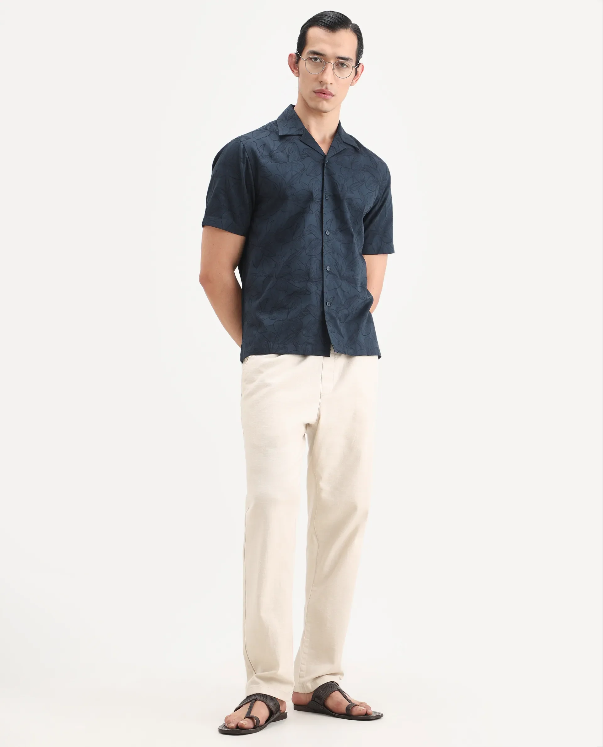 Rare Rabbit Men's Zyrn Navy Cotton Blend Half Sleeve Cuban Collar Regular Fit Jacquard Shirt - Image 2