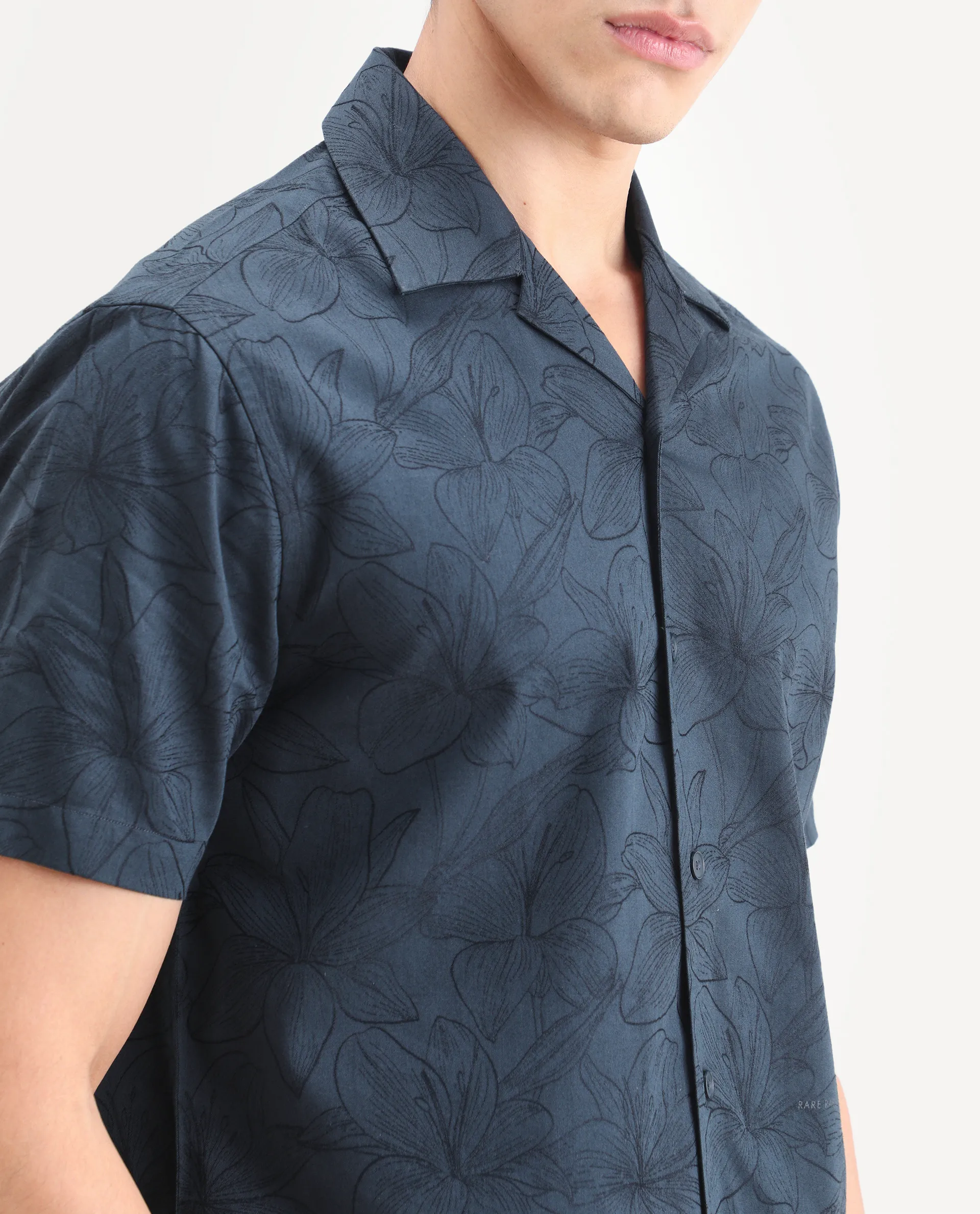 Rare Rabbit Men's Zyrn Navy Cotton Blend Half Sleeve Cuban Collar Regular Fit Jacquard Shirt - Image 3