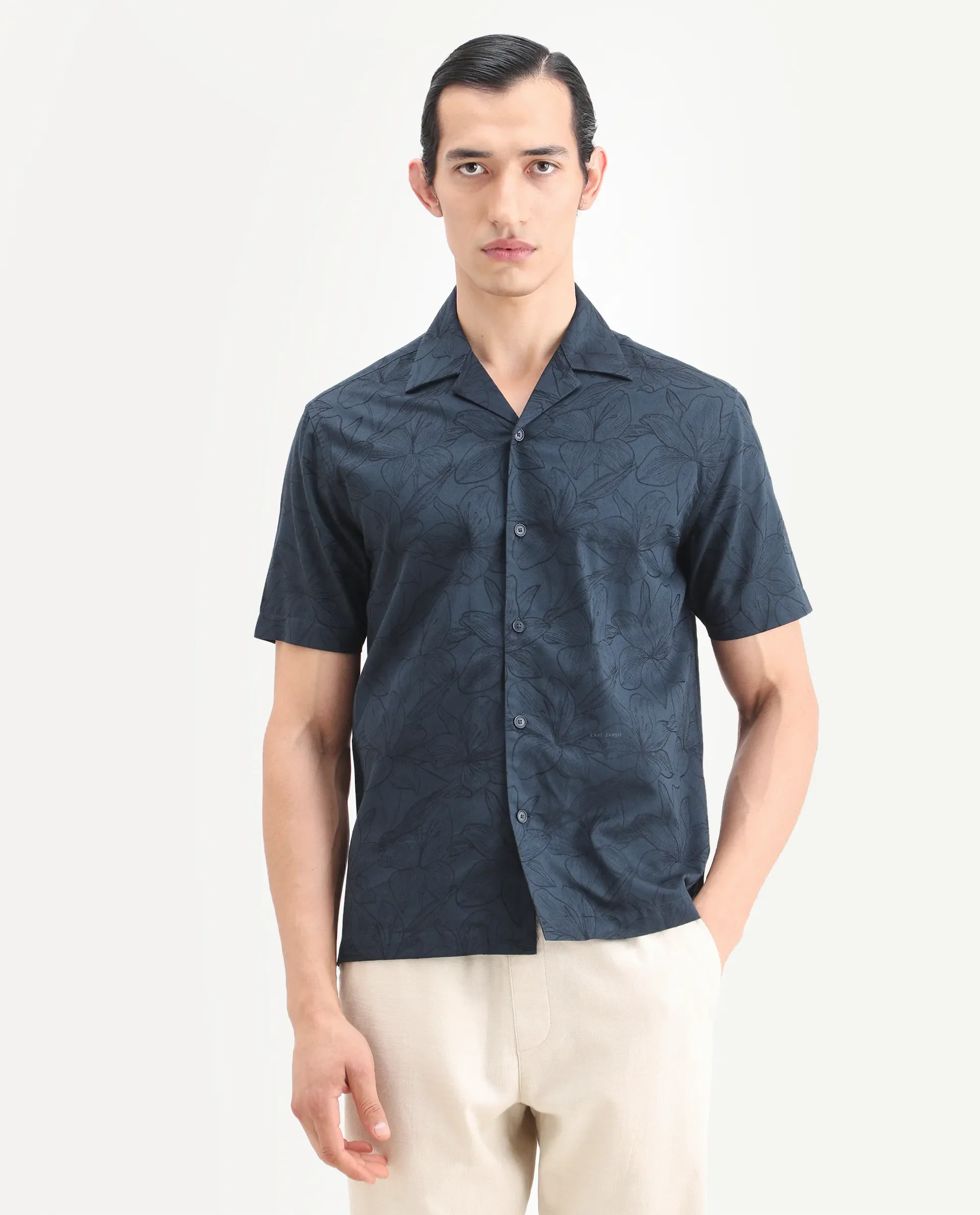 Rare Rabbit Men's Zyrn Navy Cotton Blend Half Sleeve Cuban Collar Regular Fit Jacquard Shirt - Image 4