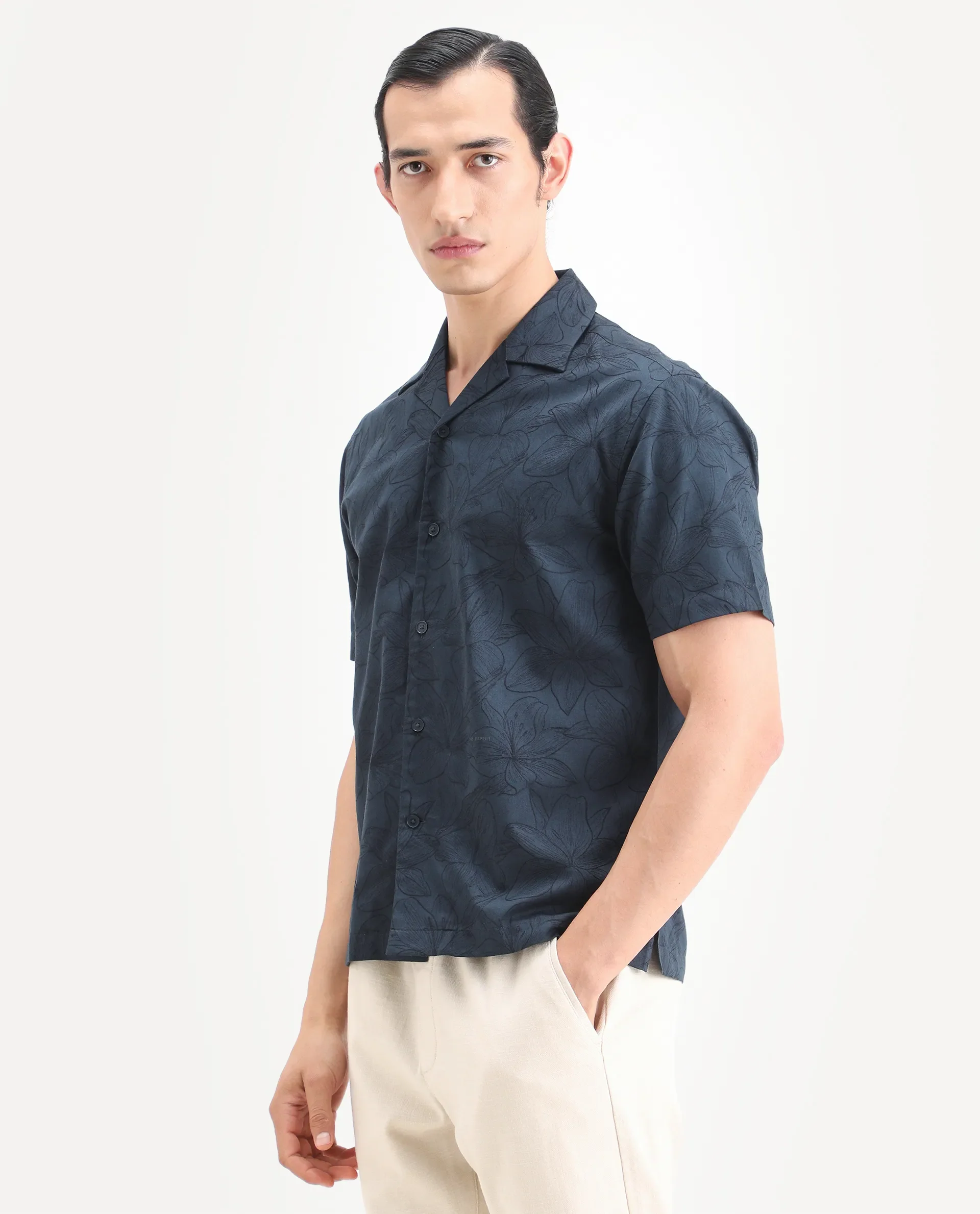 Rare Rabbit Men's Zyrn Navy Cotton Blend Half Sleeve Cuban Collar Regular Fit Jacquard Shirt - Image 5