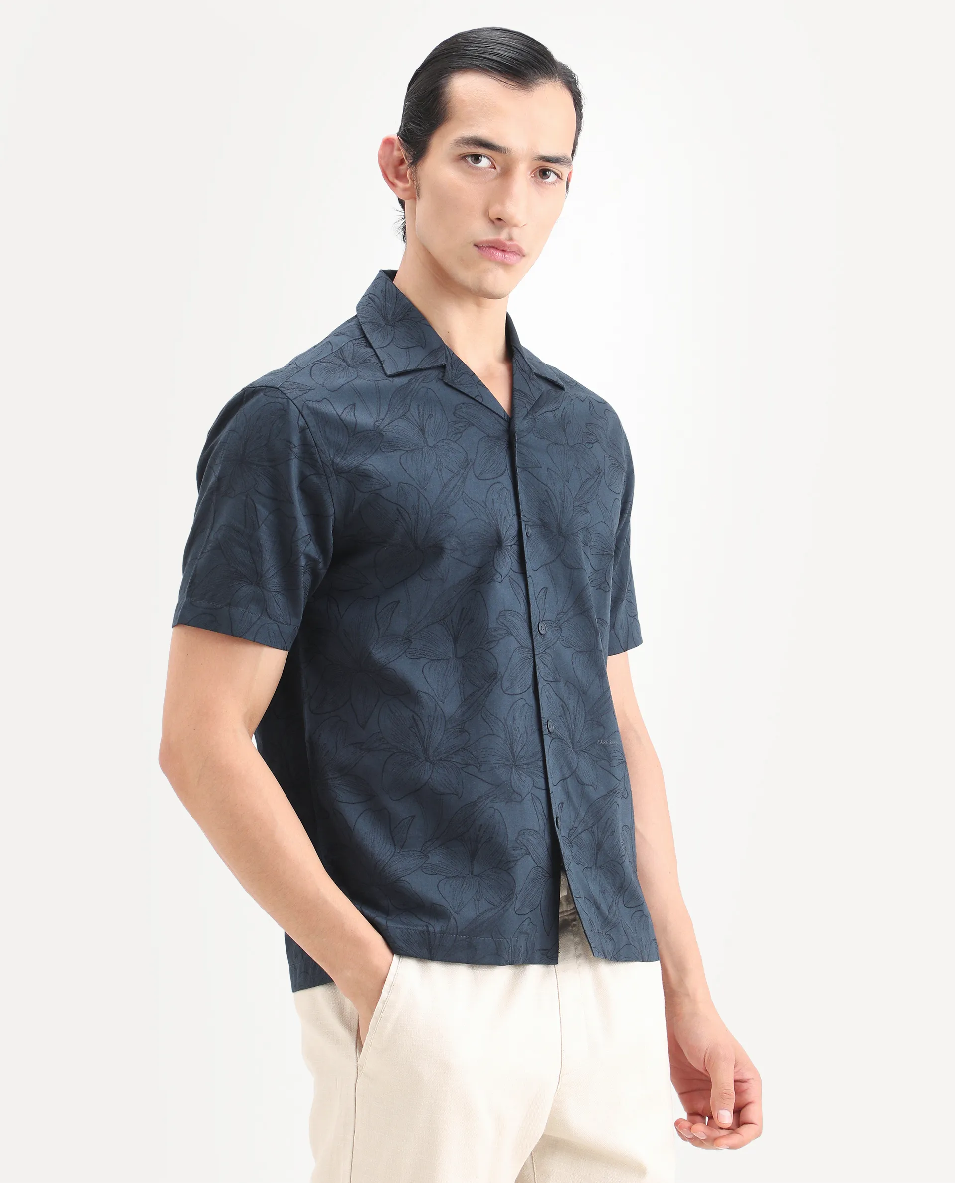 Rare Rabbit Men's Zyrn Navy Cotton Blend Half Sleeve Cuban Collar Regular Fit Jacquard Shirt - Image 6