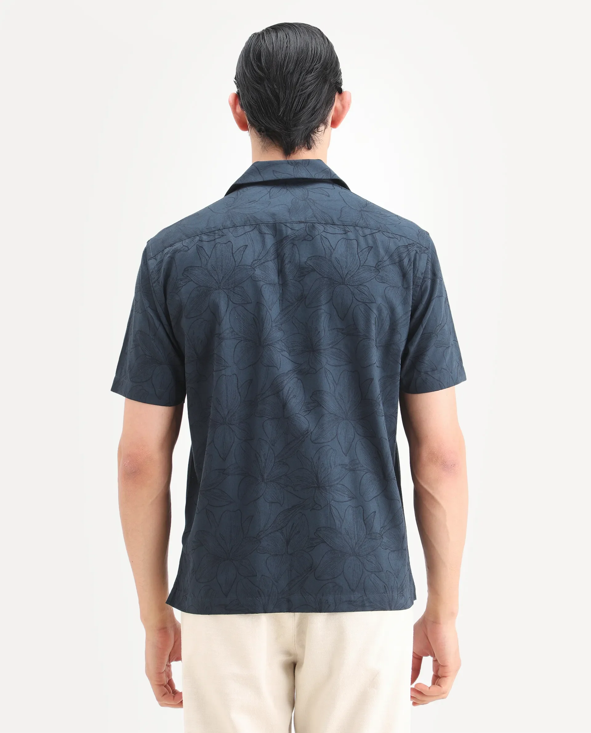 Rare Rabbit Men's Zyrn Navy Cotton Blend Half Sleeve Cuban Collar Regular Fit Jacquard Shirt - Image 7