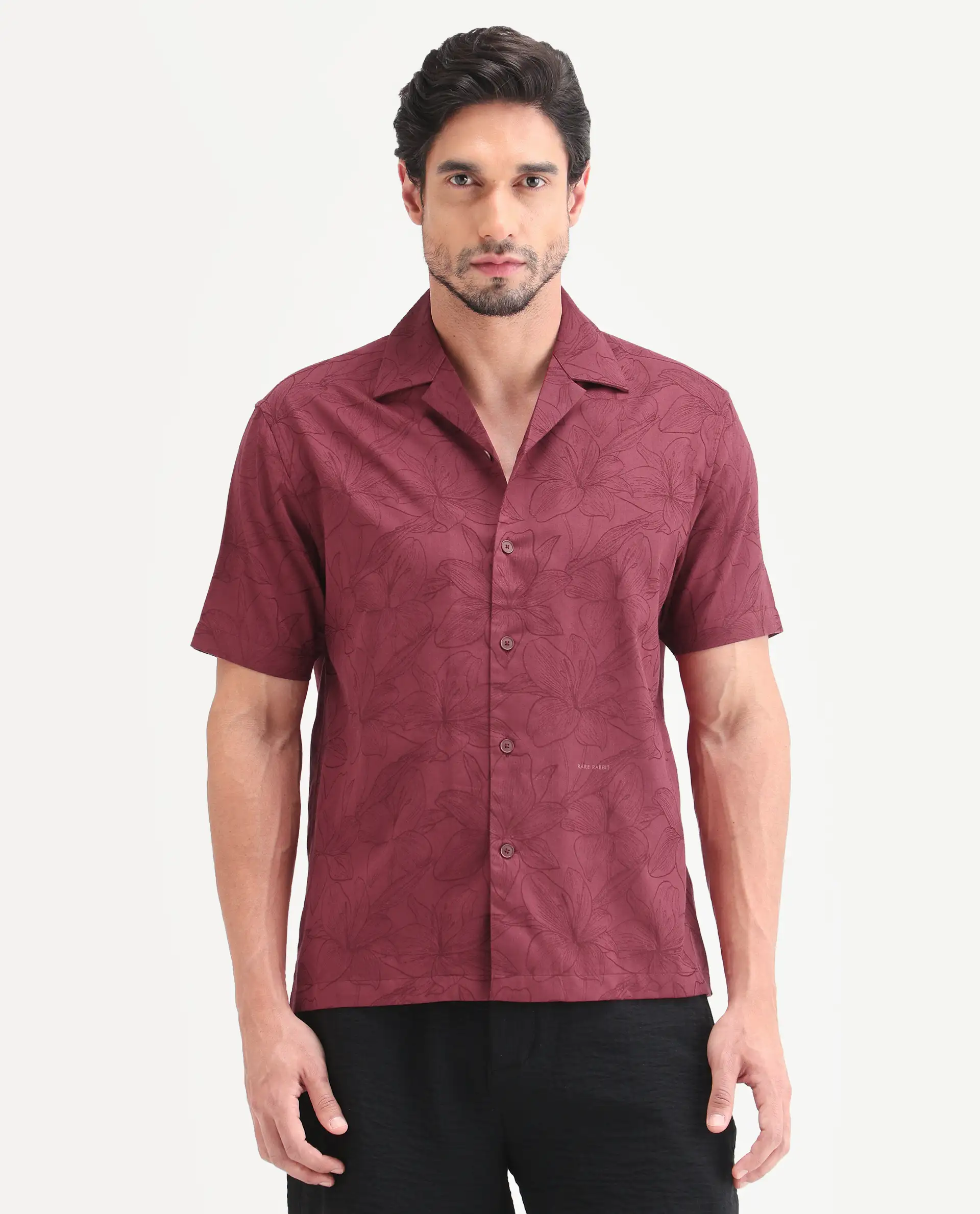 Rare Rabbit Men's Zyrn Red Cotton Blend Half Sleeve Cuban Collar Regular Fit Jacquard Shirt - Image 5