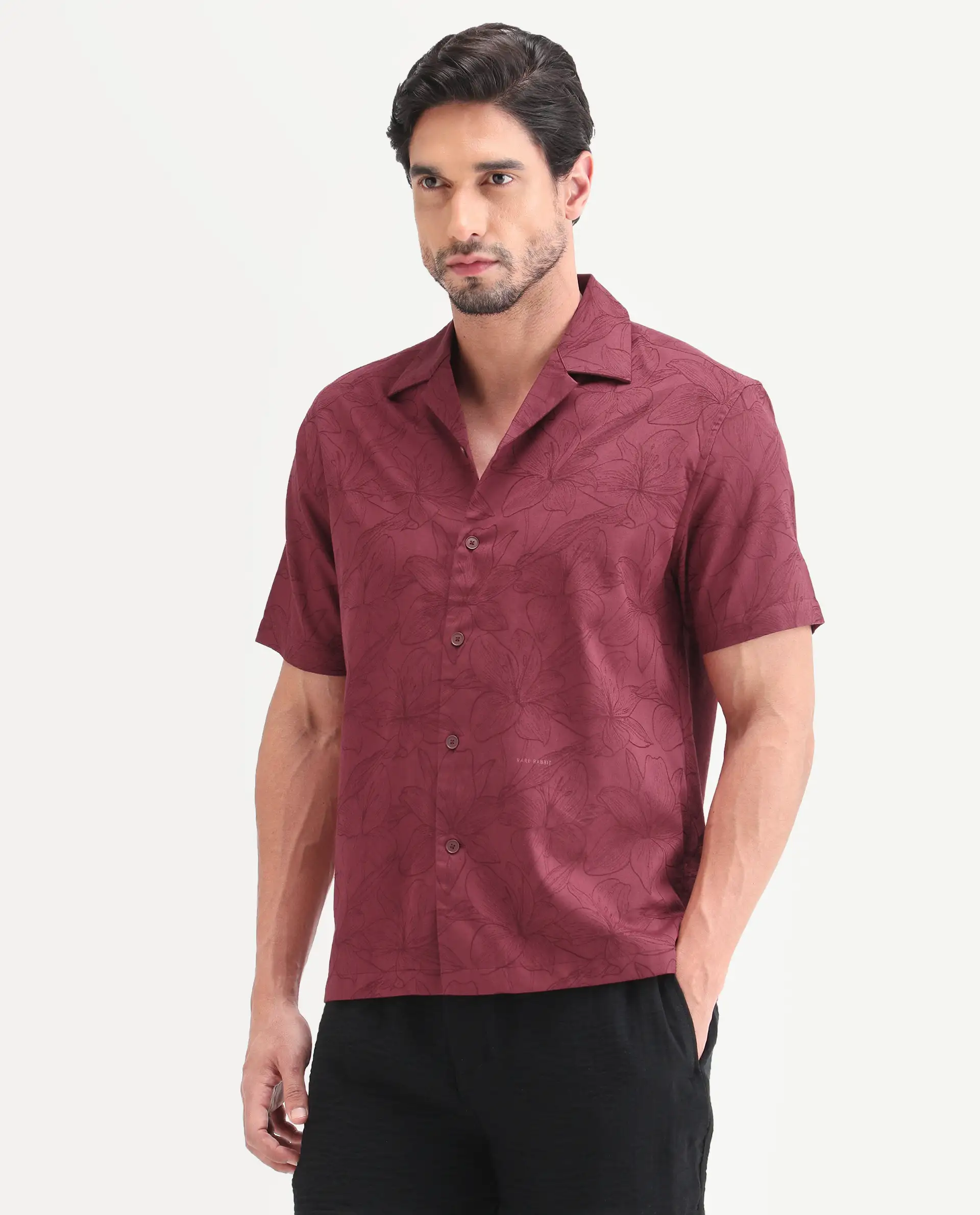 Rare Rabbit Men's Zyrn Red Cotton Blend Half Sleeve Cuban Collar Regular Fit Jacquard Shirt - Image 6